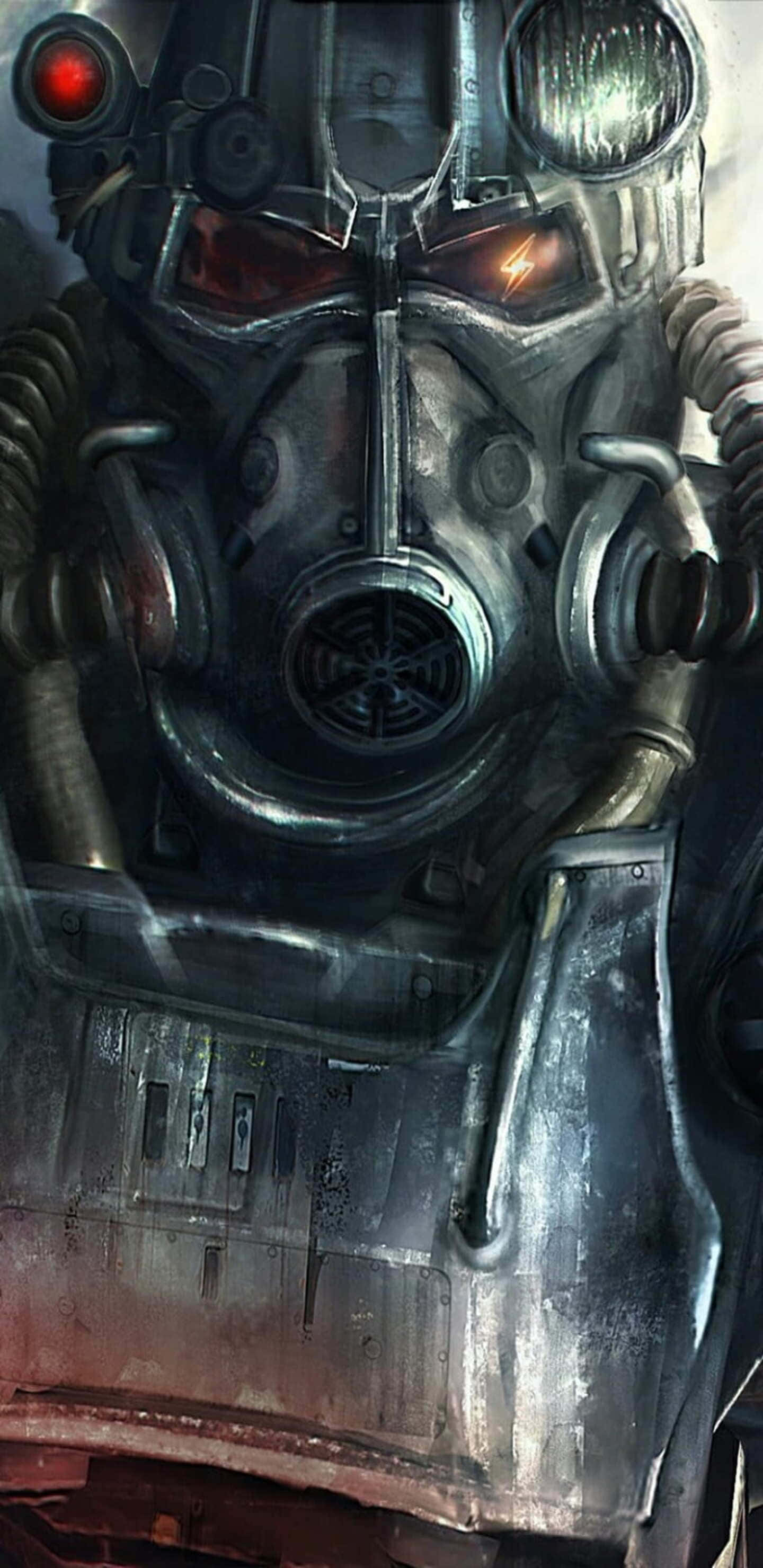 於 Pixel 3XL 遊玩 Fallout 76 壁紙 — 一個風化金屬動力裝甲頭盔的特寫，帶有發光的紅色和橙色眼睛及風扇格柵。