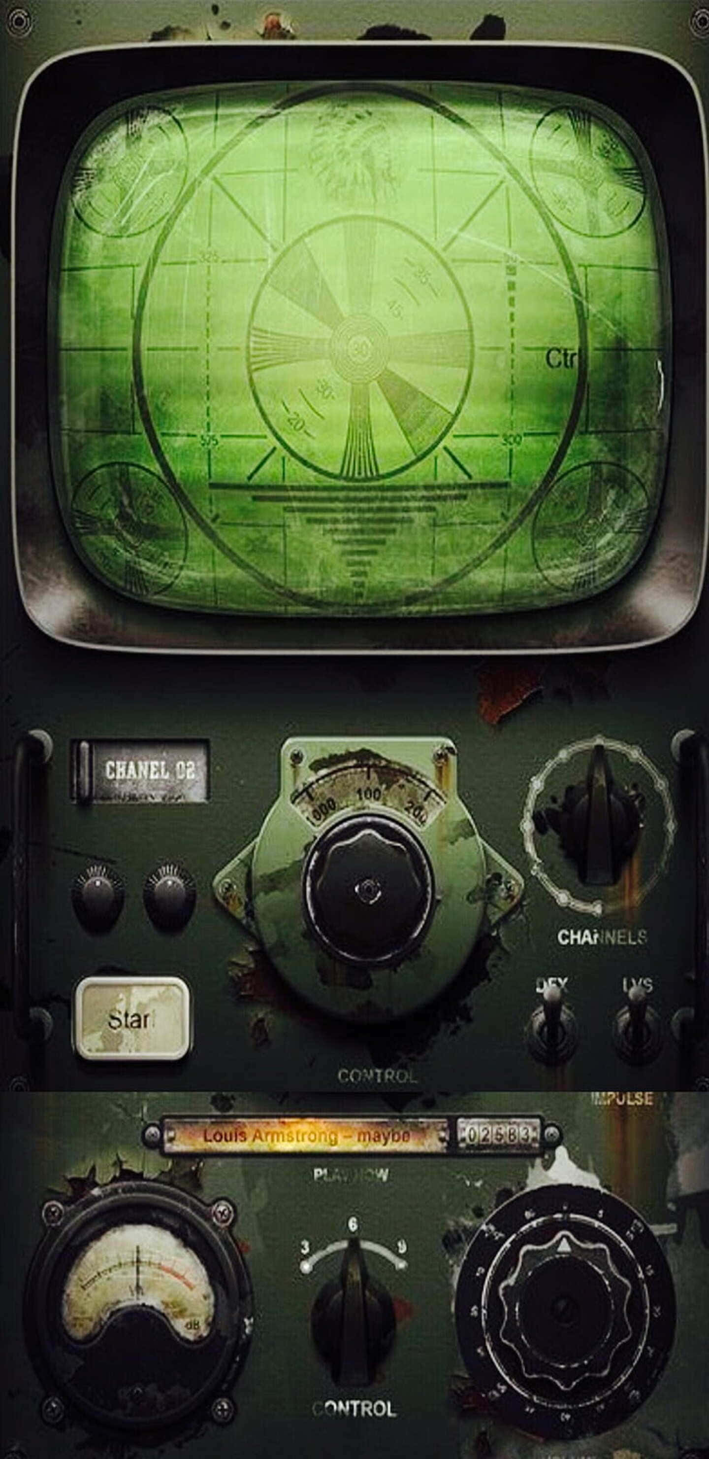 於 Pixel 3xL 遊玩 Fallout 76 壁紙 — 復古綠色雷達屏幕在一個帶有刻度盤和旋鈕的風化軍用無線電控制台中發光。