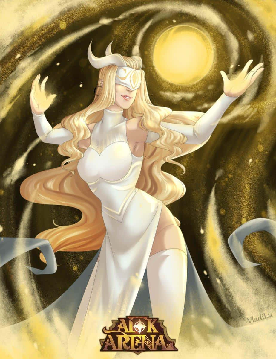於AFK Arena體驗震撼電影級畫面 壁紙 — 一位長著金色長髮和白色角的耀眼動漫女神，優雅地站在旋轉的金色宇宙背景前。