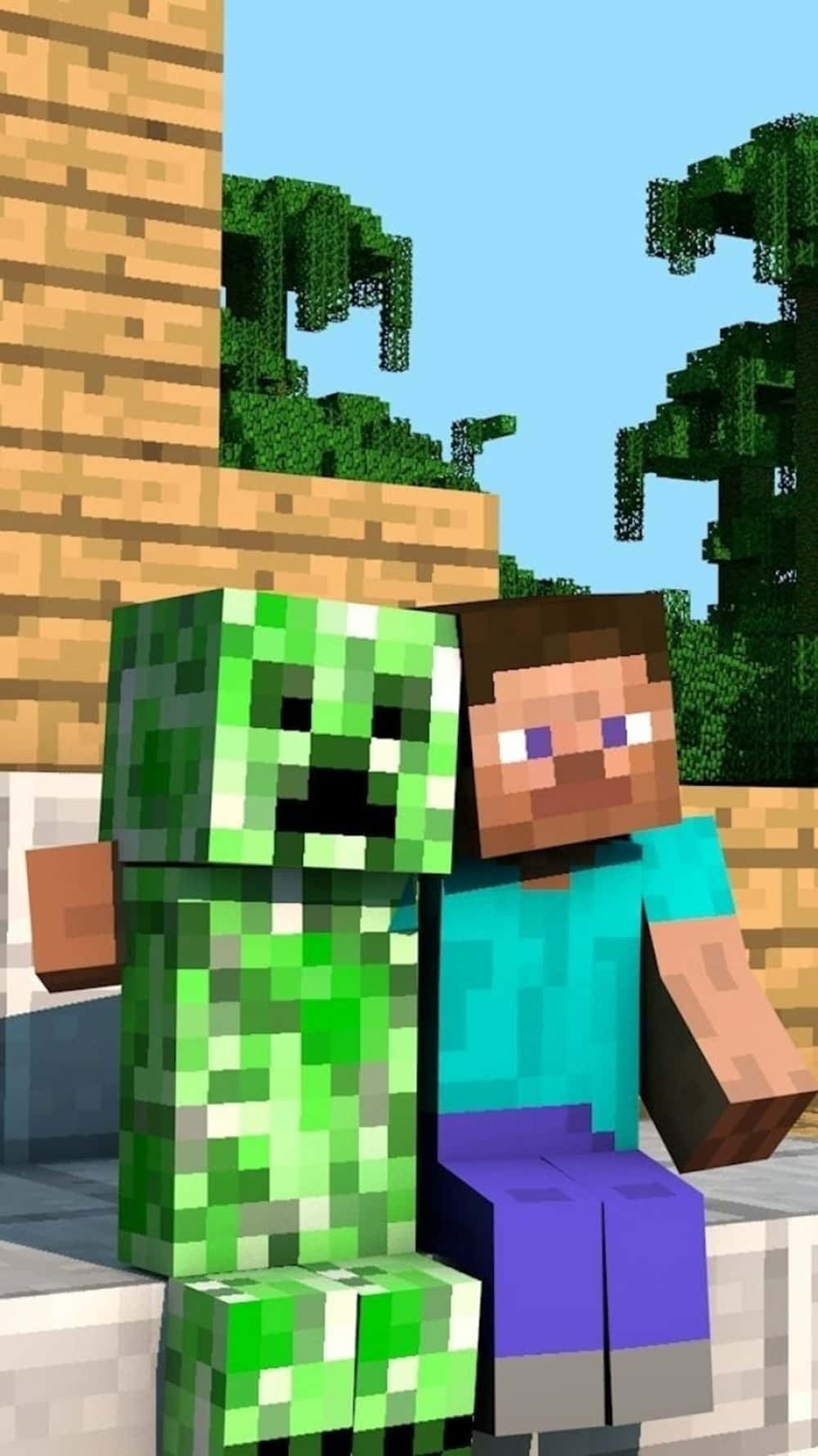 Minecraft 角色 Steve 和爬行者一起坐在方塊狀的戶外場景中。