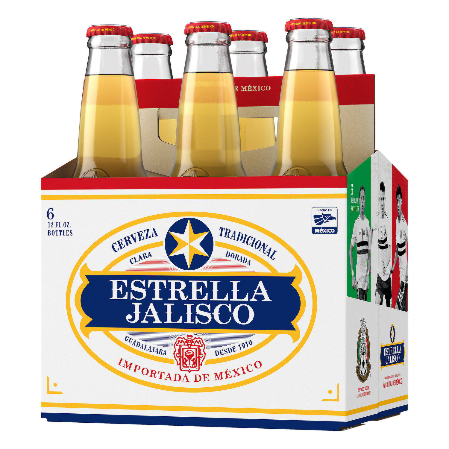 六罐Estrella Jalisco啤酒，金色液體和紅色瓶蓋。
