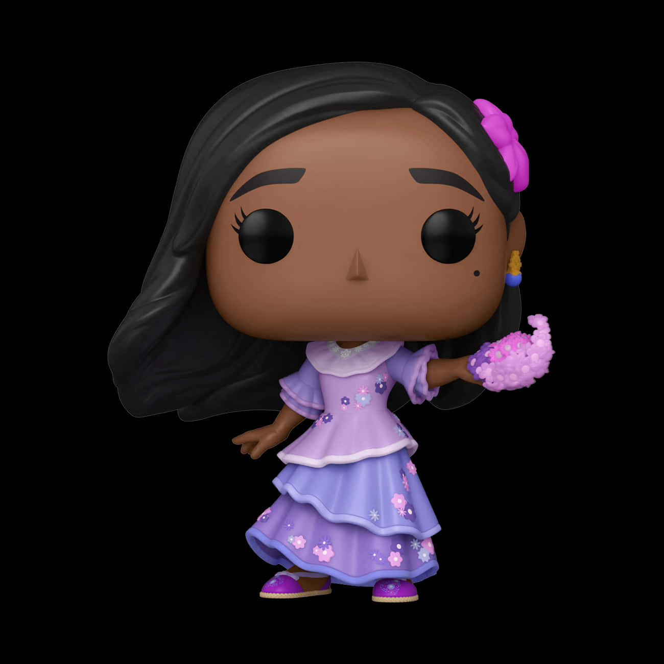 《奇幻魔法屋》米拉貝爾的Funko Pop公仔，身穿紫色連衣裙，手持粉紅色花朵。