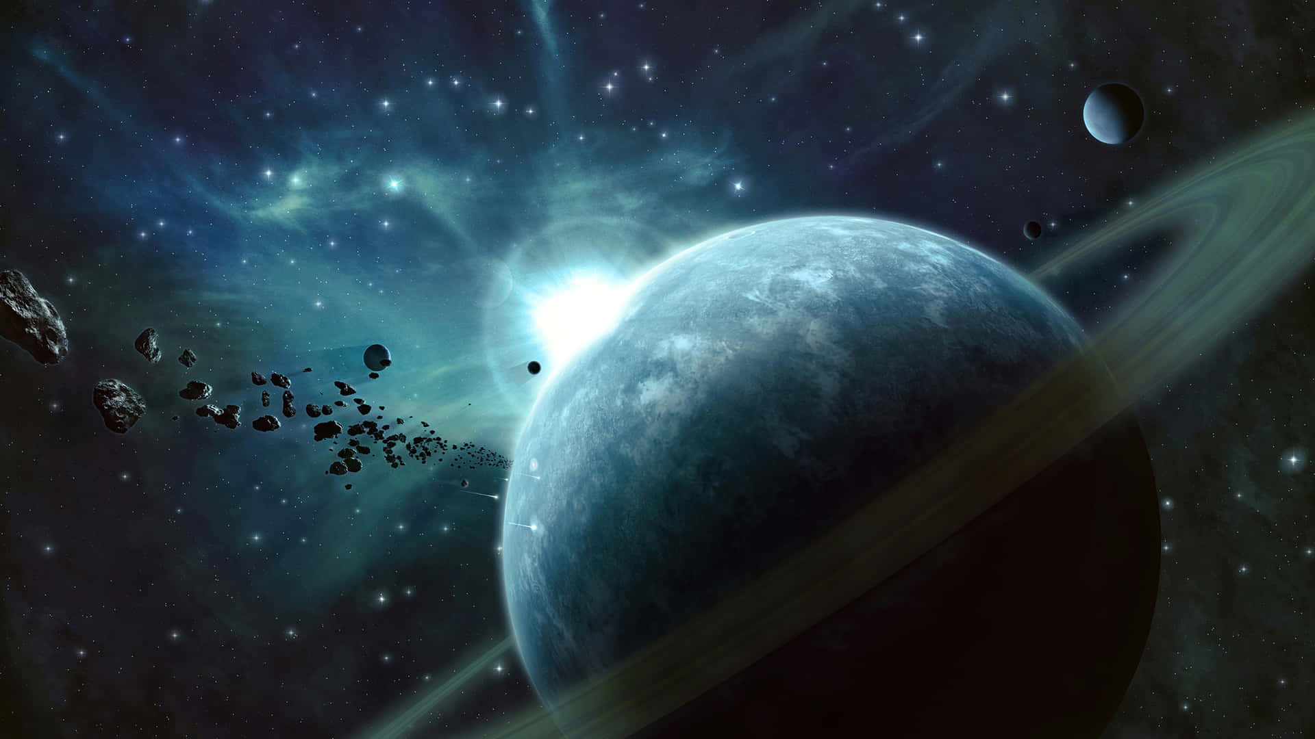 一顆帶環的藍色行星在繁星虛空中閃耀，漂浮著小行星和遙遠的衛星。