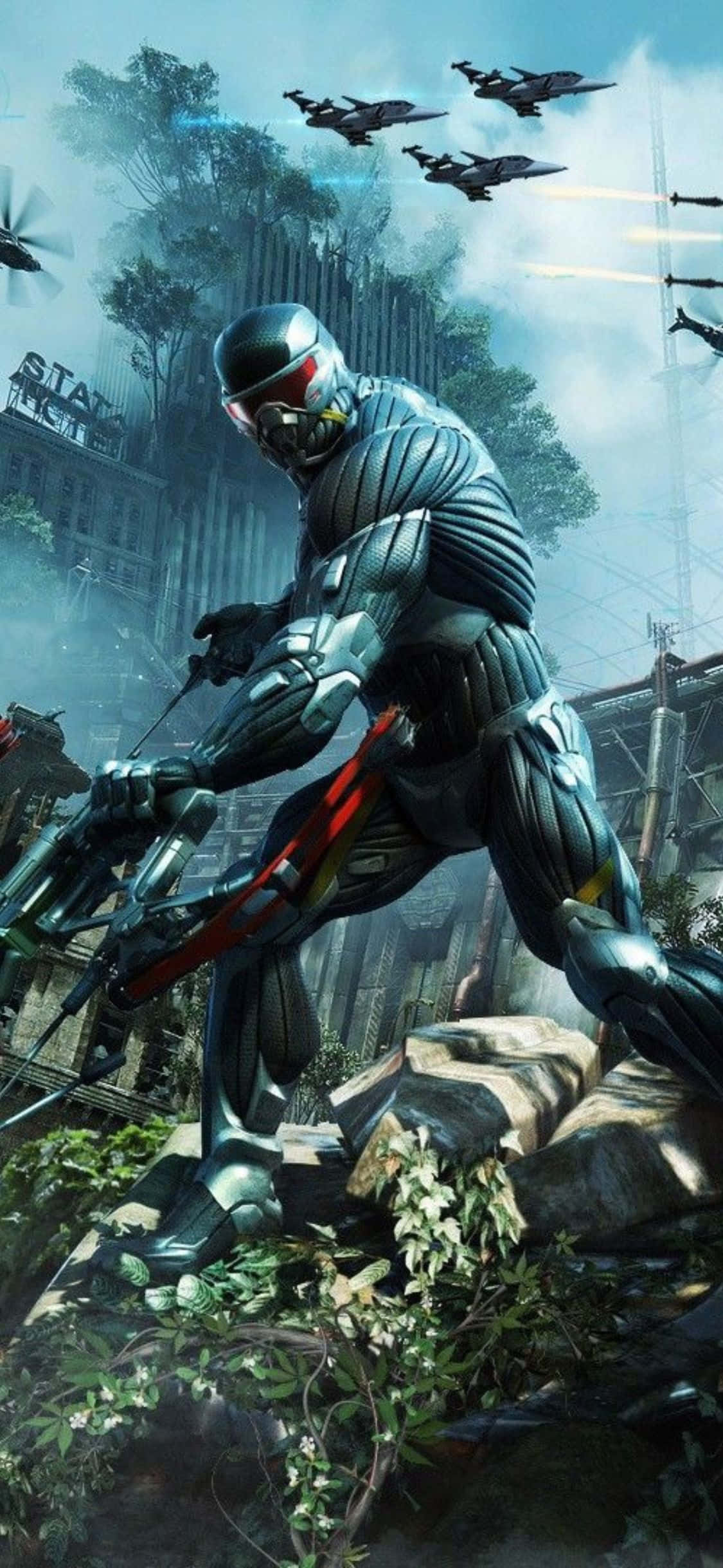 於最新 iPhone X 上暢玩 Crysis 3 壁紙 — 一名身穿時尚盔甲的未來士兵蹲伏在雜草叢生的廢墟中，戰鬥機在飽受戰爭蹂躪的城市上空呼嘯而過。
