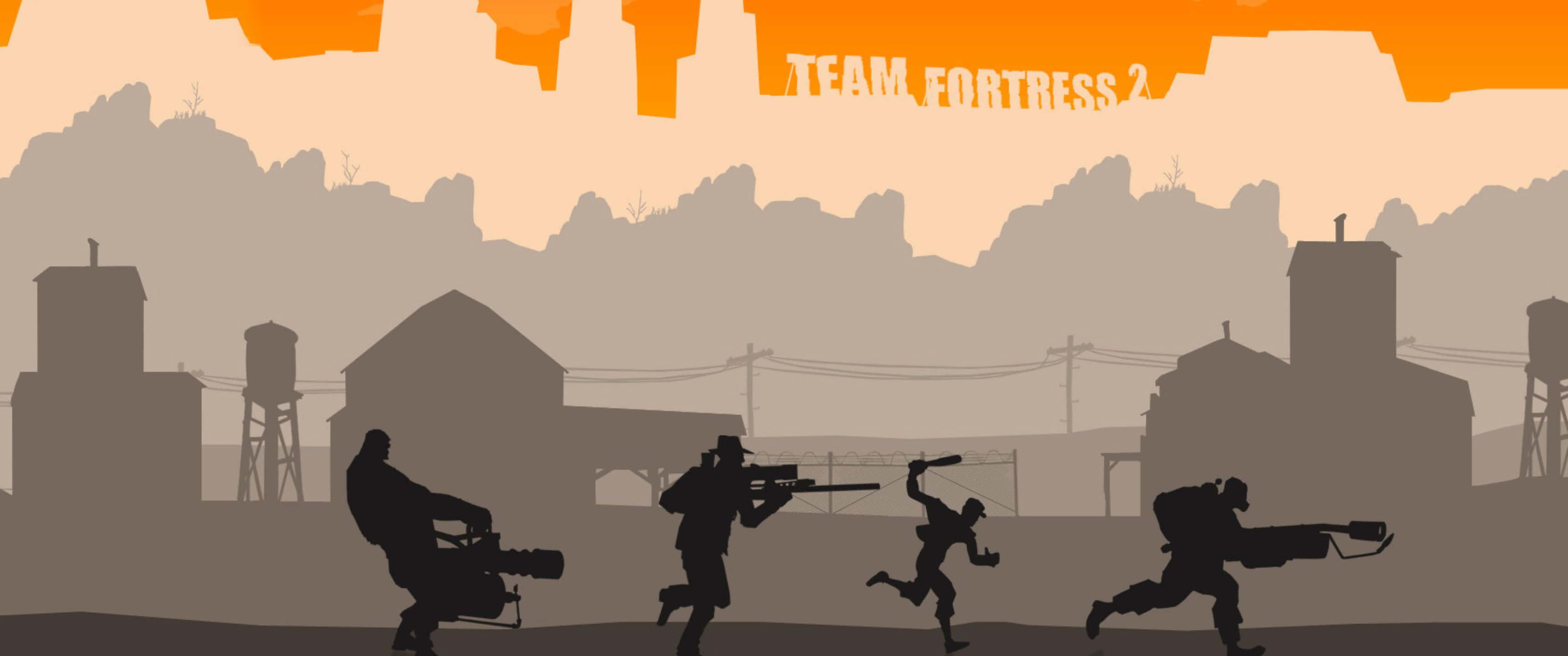 於沉浸式3440x1440p高畫質重溫經典TF2體驗 壁紙 — 剪影風格的 Team Fortress 2 角色在橙色天空下穿過塵土飛揚的工業小鎮。