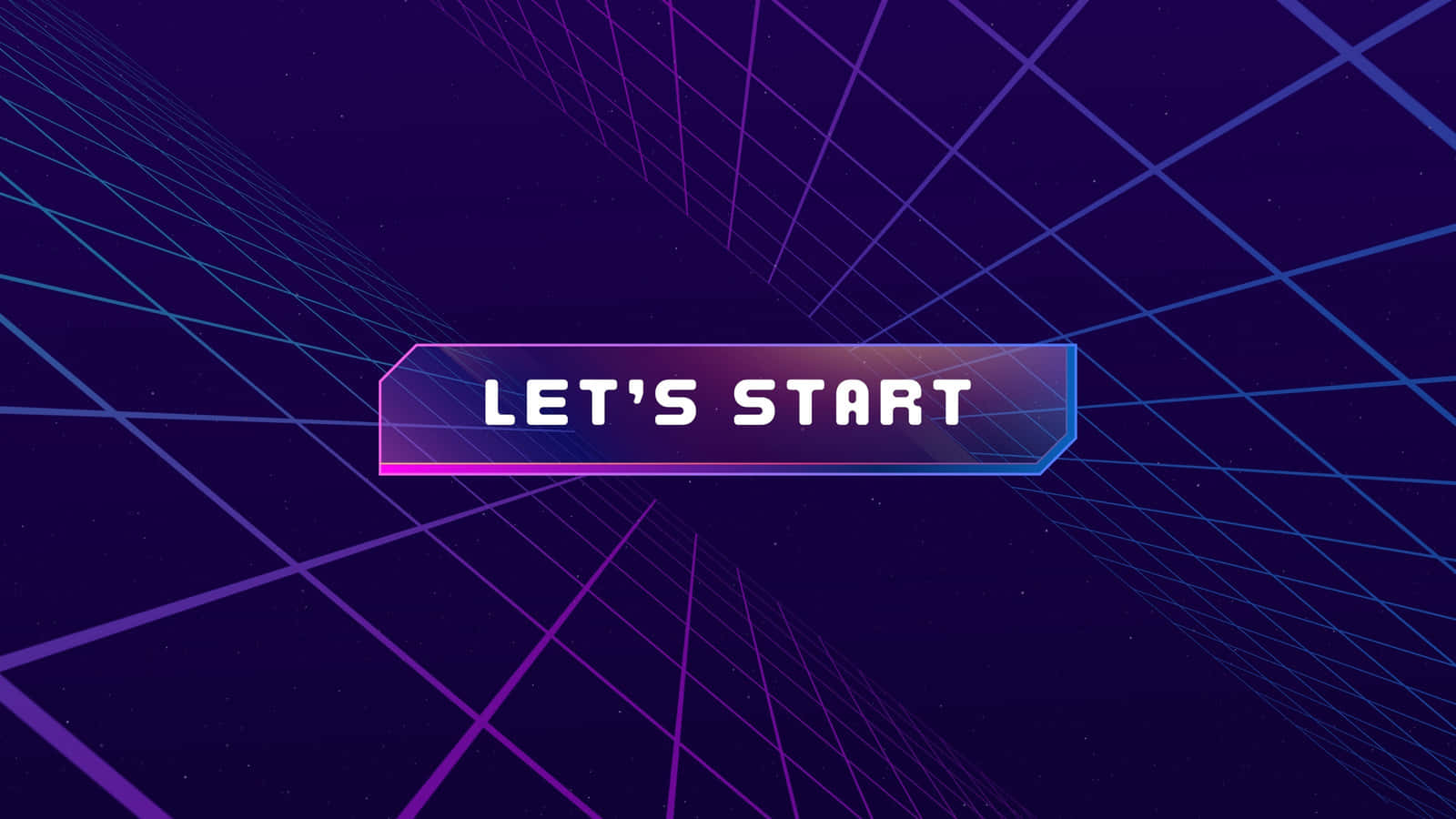 一個發光的六邊形按鈕，在霓虹網格背景上顯示文字 LET'S START。