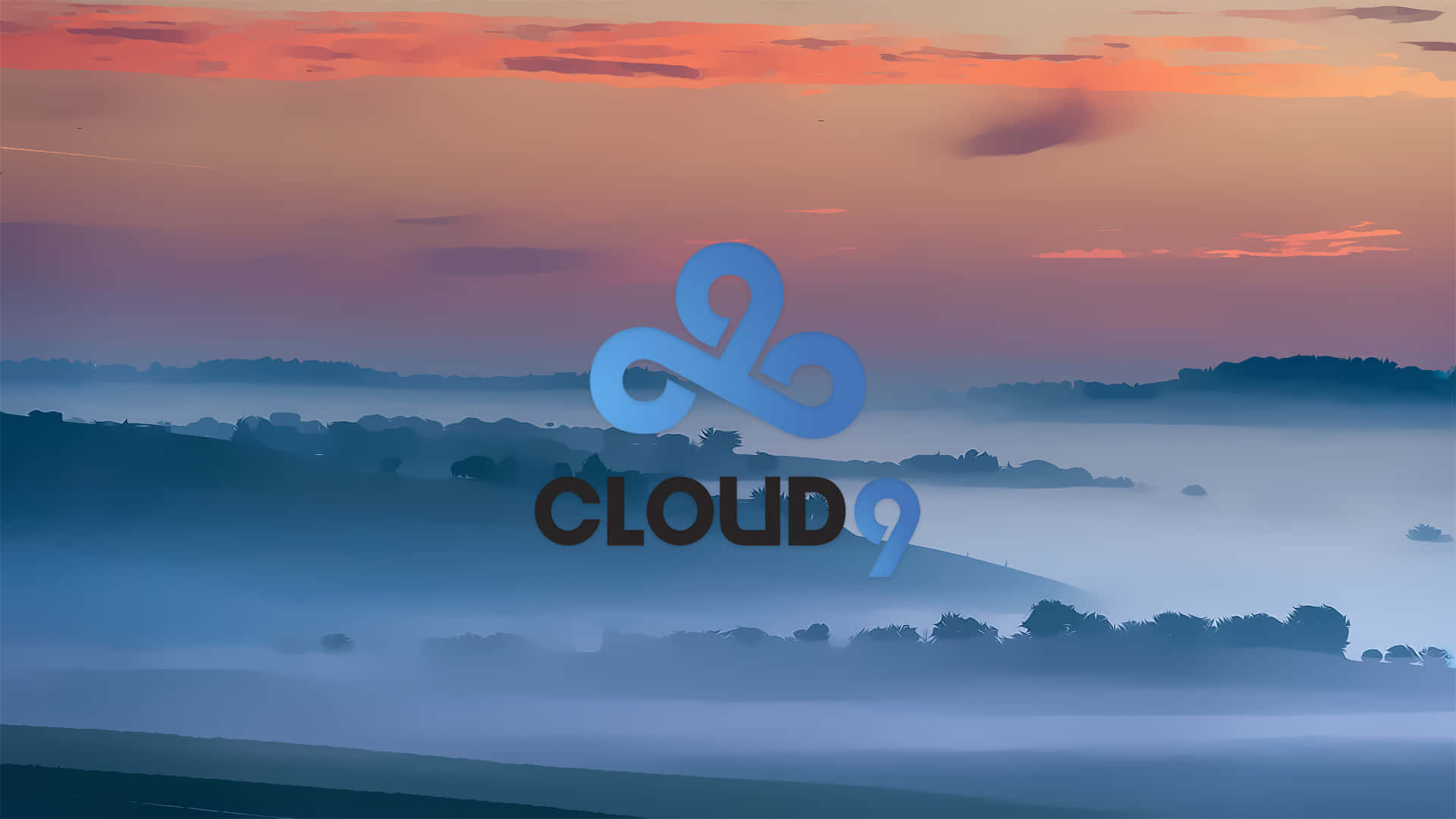霧氣瀰漫的黎明丘陵，橙色天空和藍色雲朵標誌文字CLOUD9