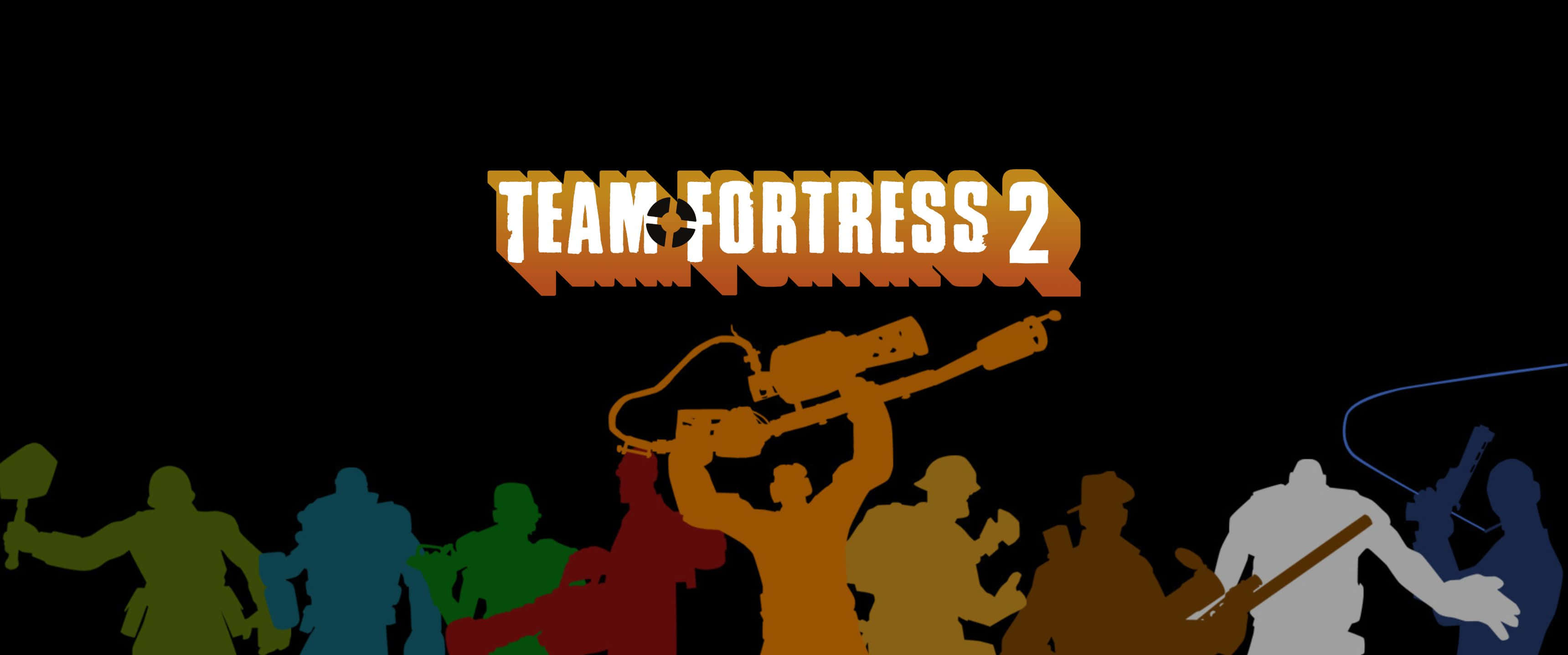 於高畫質3440x1440p螢幕暢玩《團隊對戰2》 壁紙 — 色彩鮮豔的 Team Fortress 2 剪影角色站在黑色背景上，遊戲標題下方。