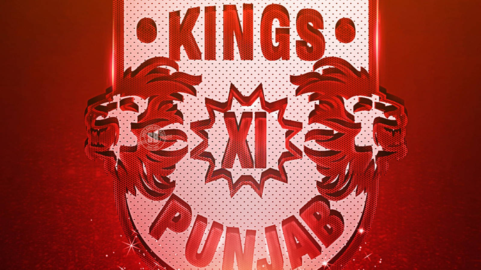旁遮普王者深紅設計 壁紙 — 一個大膽的紅白Kings XI Punjab運動標誌，帶有咆哮的獅子頭和閃爍效果，背景有紋理。