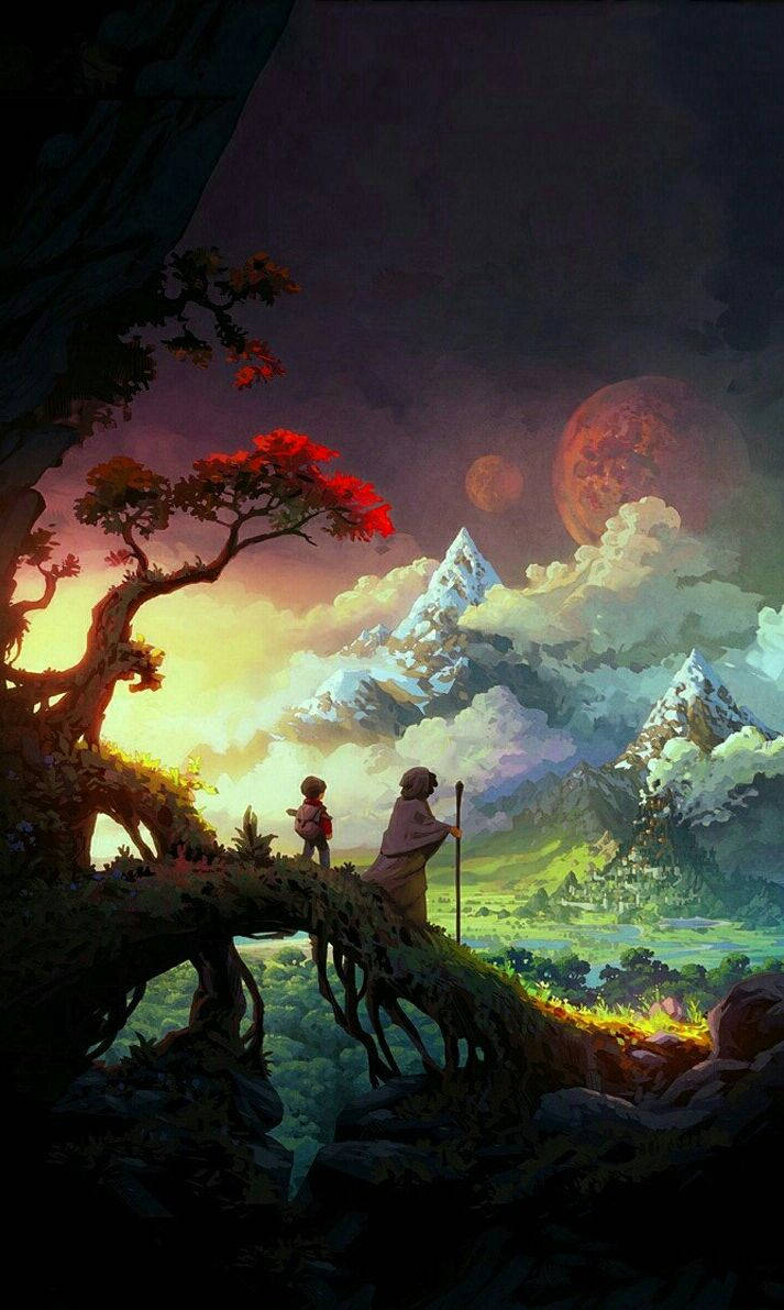 兩個孩子在一條根橋上，凝視著紅月下發光的山脈。