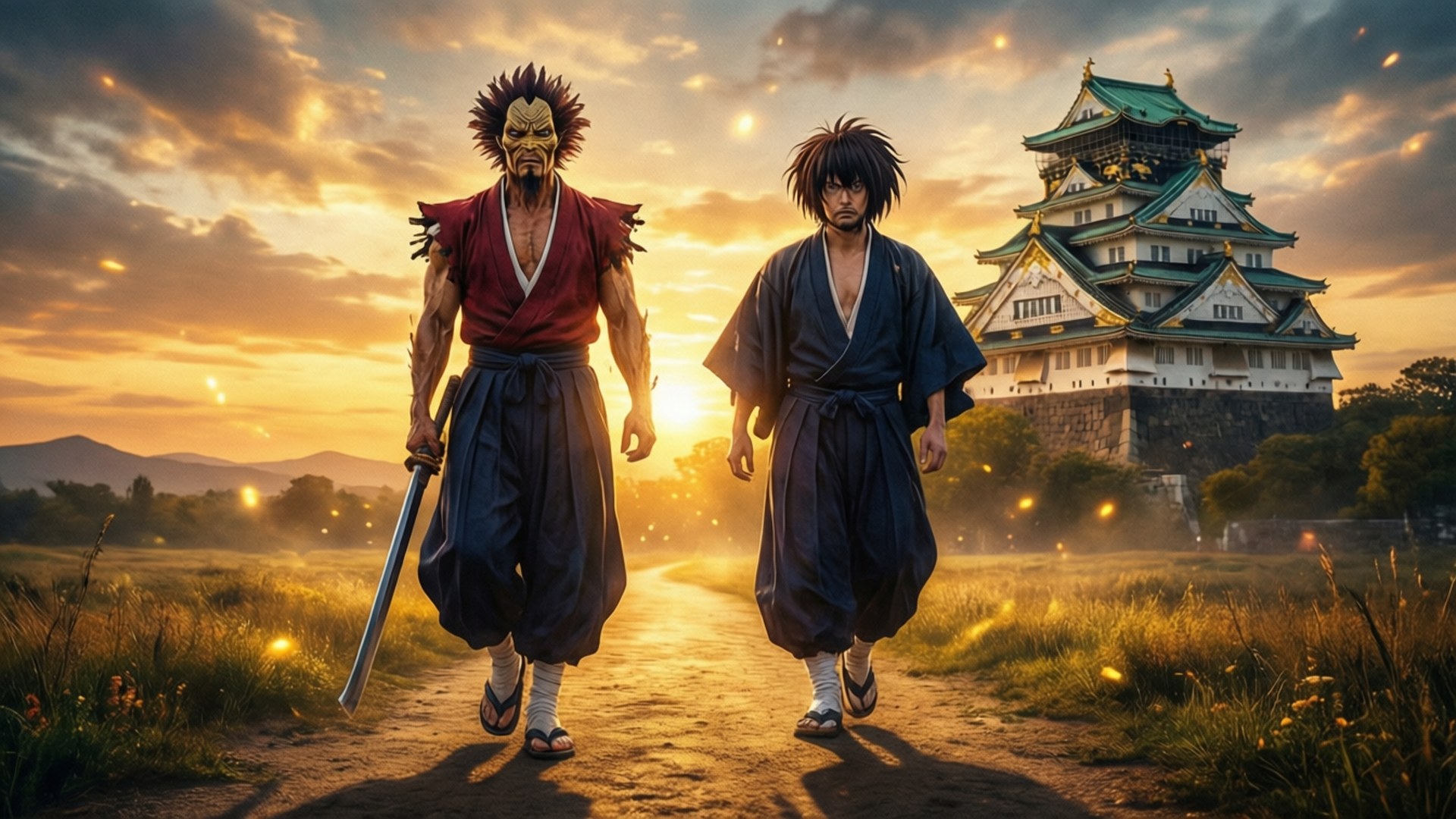 旅程終點 壁紙 — 兩位動漫戰士在陽光普照的小徑上大步向前，走向黃金時刻中一座雄偉的日本城堡。