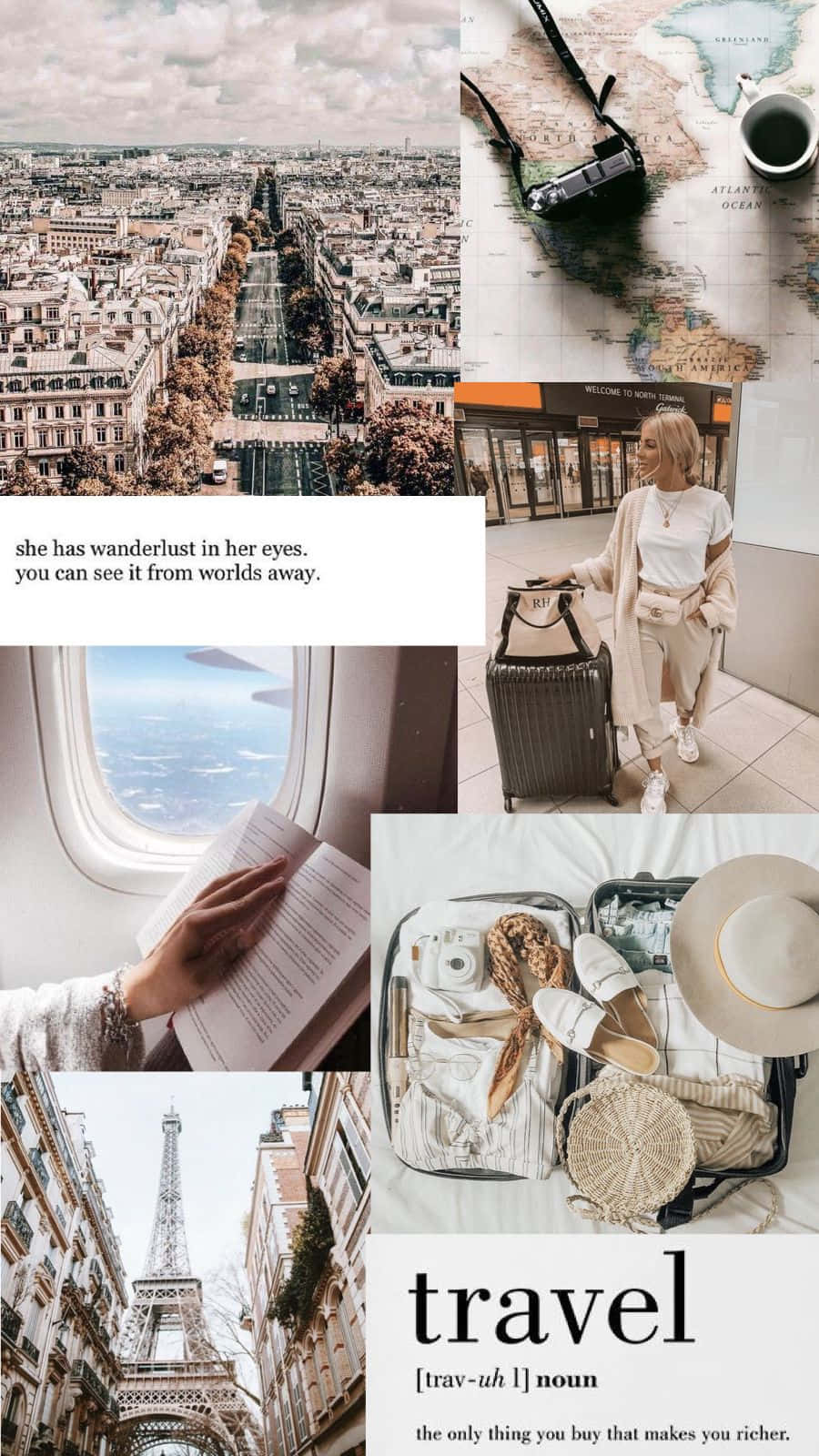 Travel Aesthetic Brown Phone 壁紙 — 旅行時刻的拼貼：巴黎天際線、機場旅客、飛機窗邊閱讀、艾菲爾鐵塔和裝滿配件的行李箱。