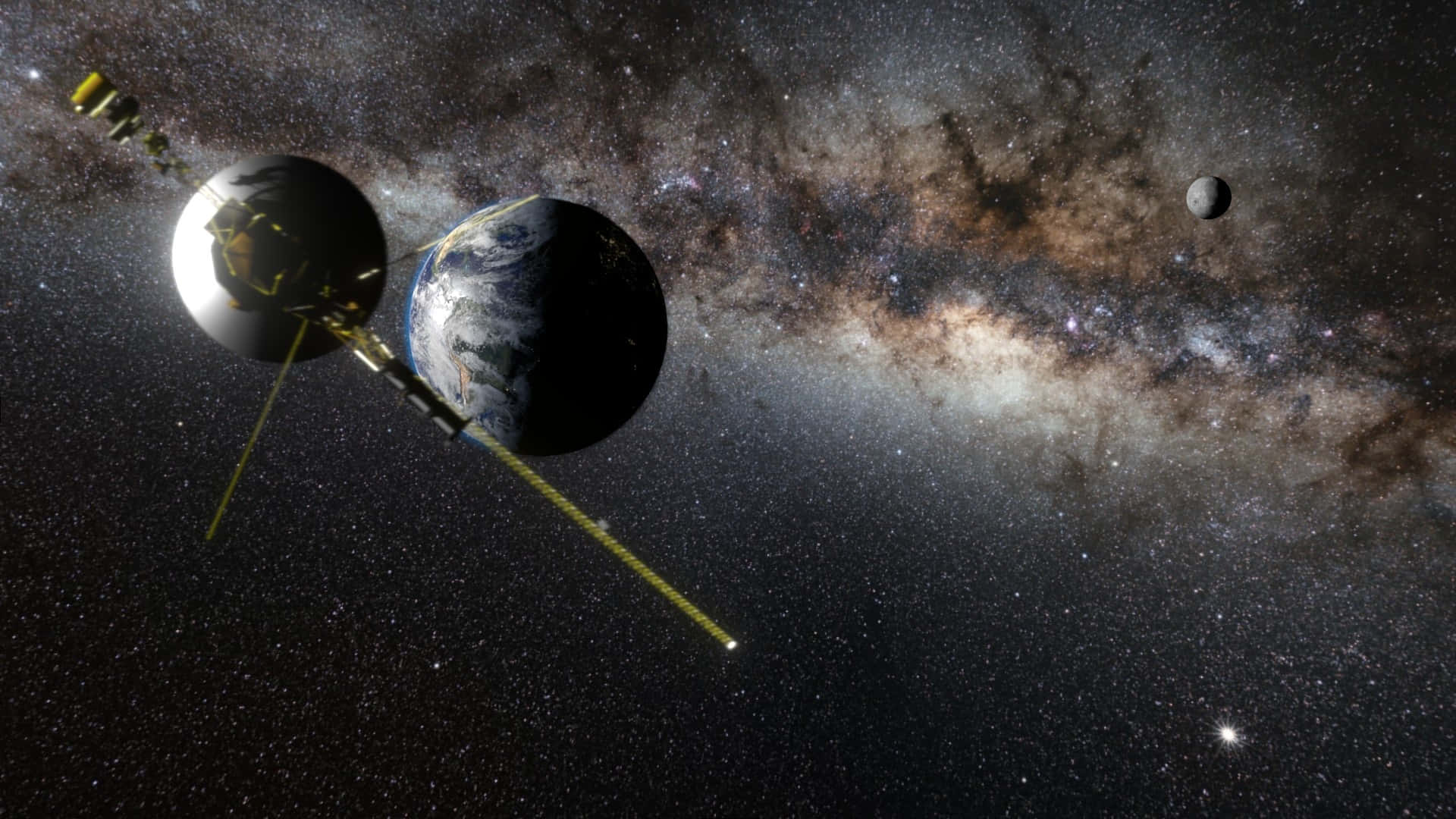 旅行者1號接近地球的美麗影像 壁紙 — 一顆衛星以銀河系為背景，在星星和遙遠行星的映襯下繞地球運行。