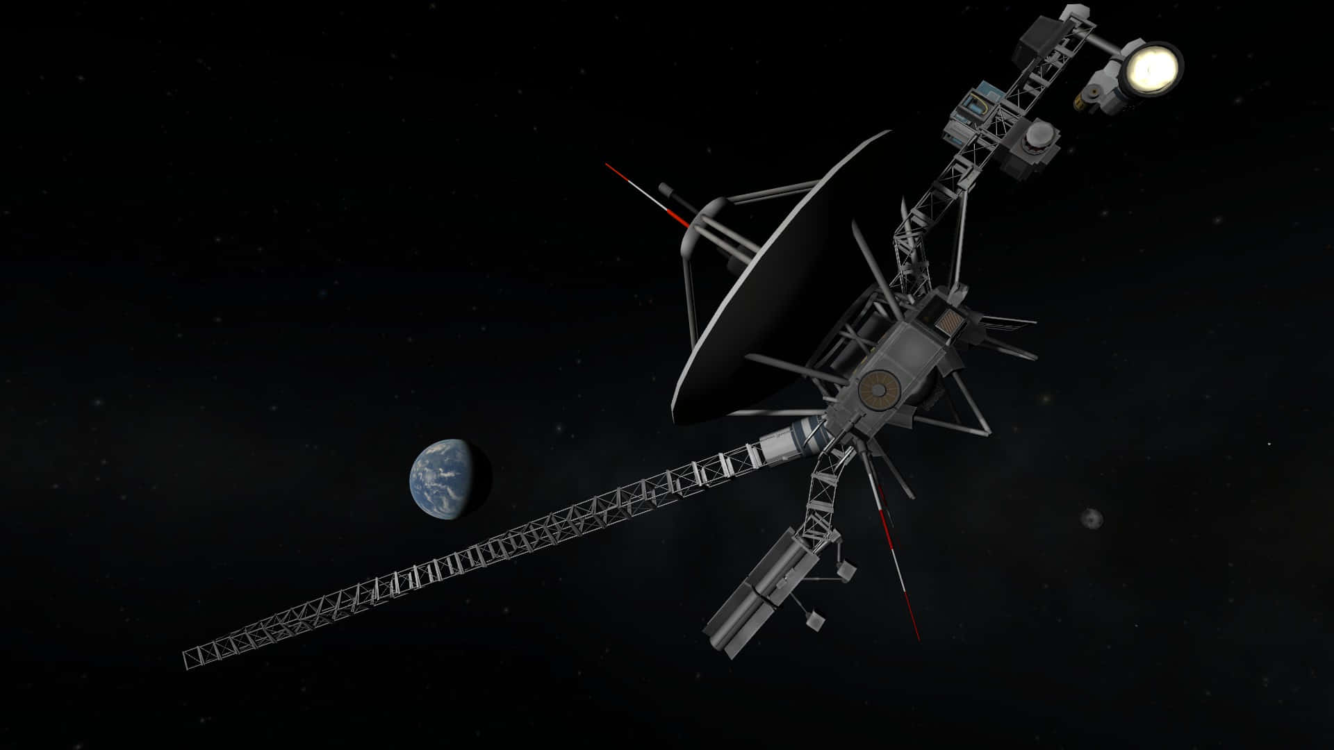 旅行者1號穿越恆星間的太空計畫 壁紙 — 一個詳細的太空船帶有大型碟形天線，在繁星點點的黑色天空中繞地球運行。