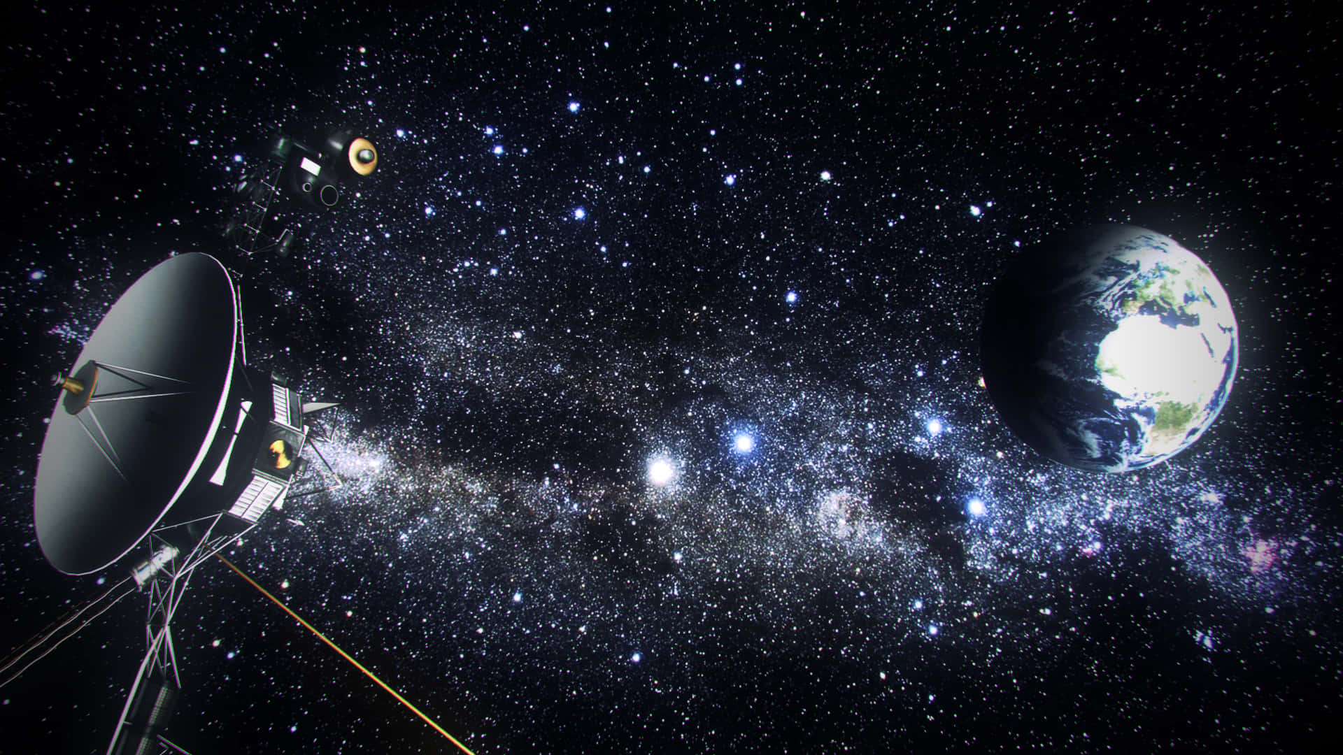 旅行者1號與地球的繁星夜空影像 壁紙 — 一顆帶有大型碟形天線的衛星在閃爍的星星和宇宙塵埃背景下繞地球運行。