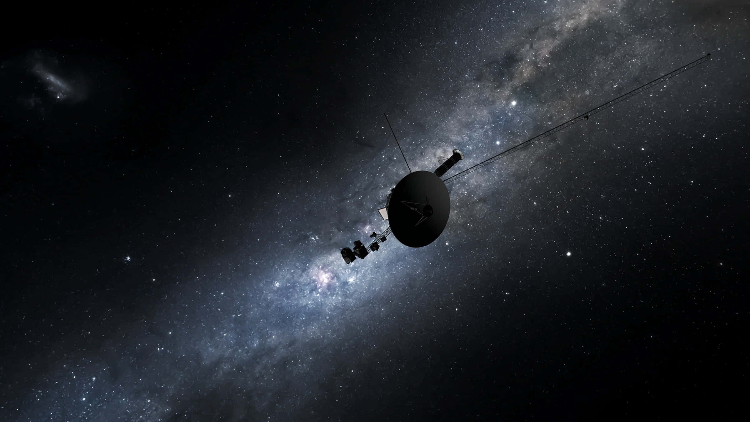 旅行者1號衛星星雲光效圖像 壁紙 — 一枚時尚的衛星在佈滿星星的銀河系中漂浮，背景是宇宙。