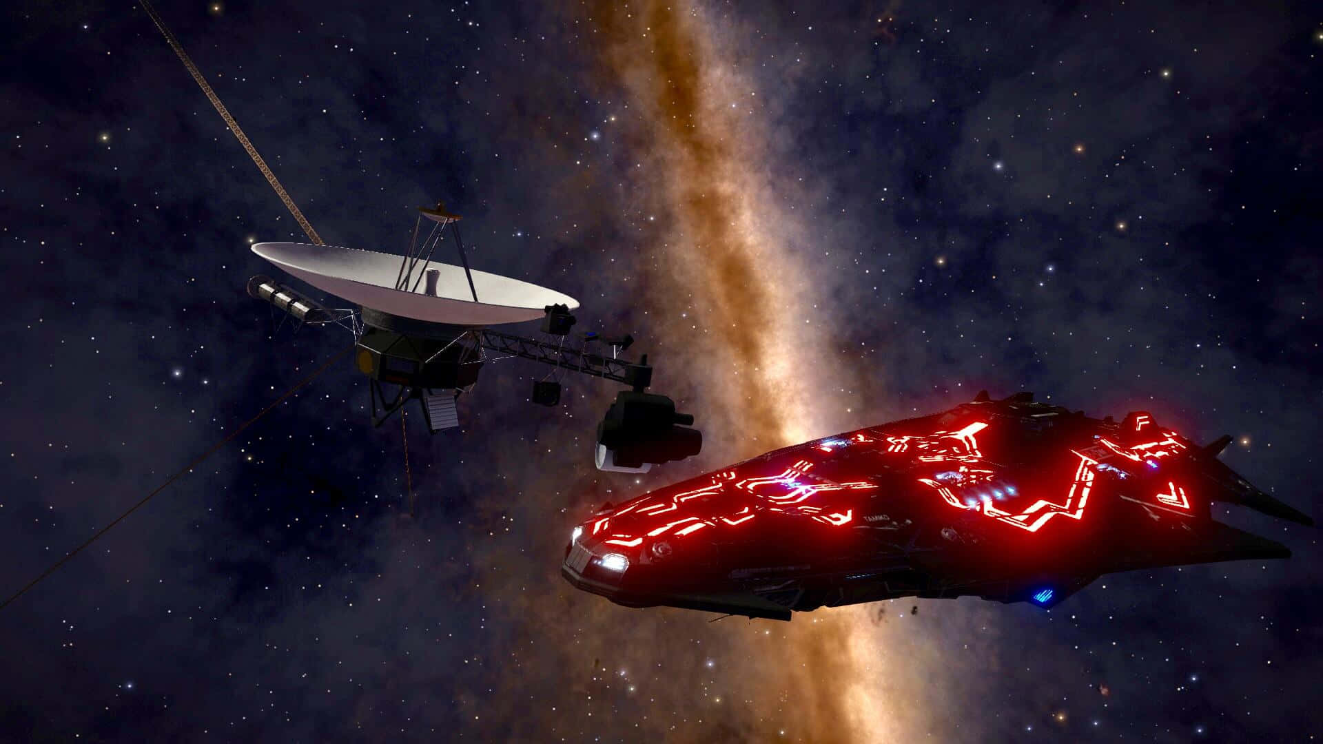 旅行者1號衛星與太空船的迷人影像 壁紙 — 一艘發光的紅色太空船帶有霓虹電路，飛過一顆衛星，背景是繁星點點的宇宙和發光的銀河核心。