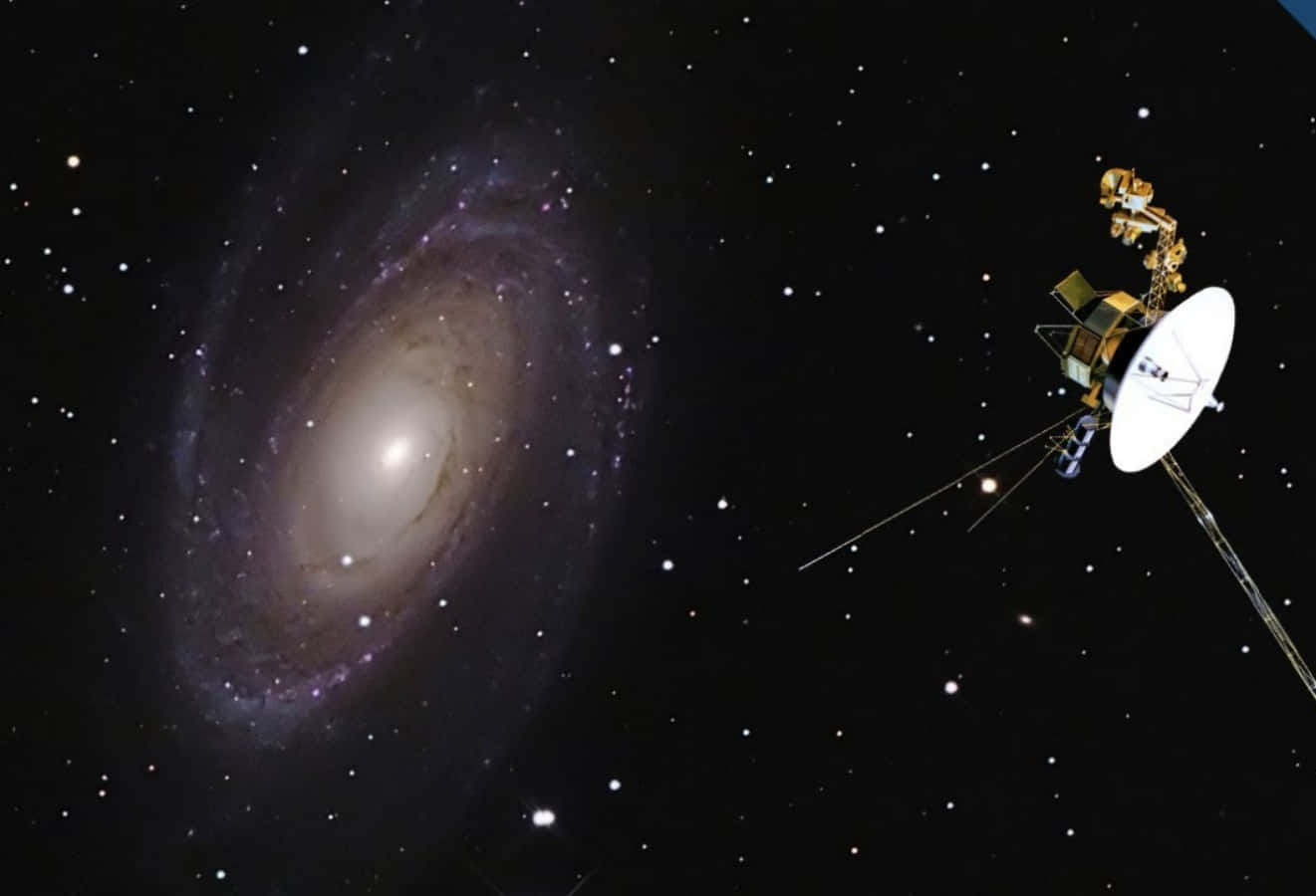 一艘太空船在充滿恆星和宇宙塵埃的螺旋星系附近運行。