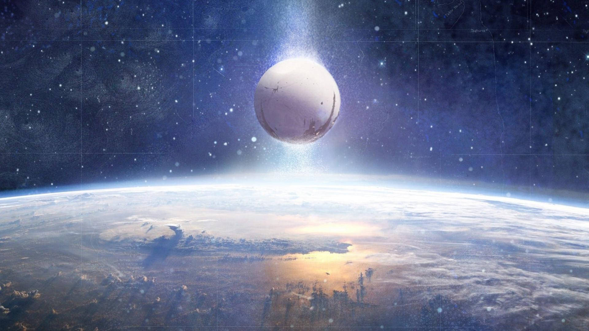 發光天體球體在地球地平線上空，星空宇宙中。