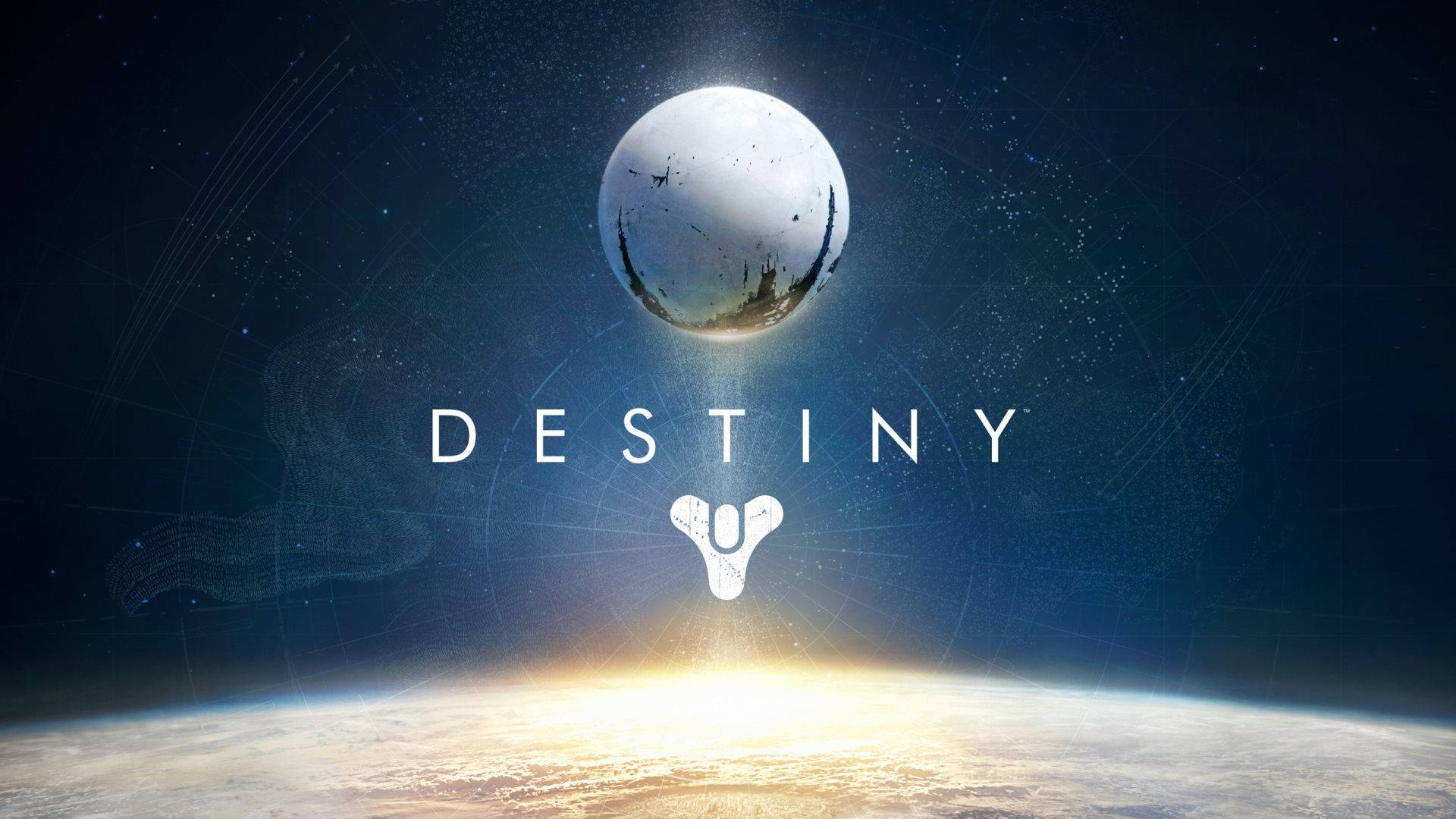 一顆發光的行星漂浮在地球上方，背景是繁星點點的天空，並帶有 Destiny 字樣及其標誌。