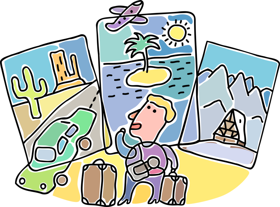 旅行者的夢想拼貼畫 壁紙 — 一個風格化的卡通人物背著背包，在太陽下凝視著沙漠仙人掌、山脈、湖泊和雪峰的拼貼畫。