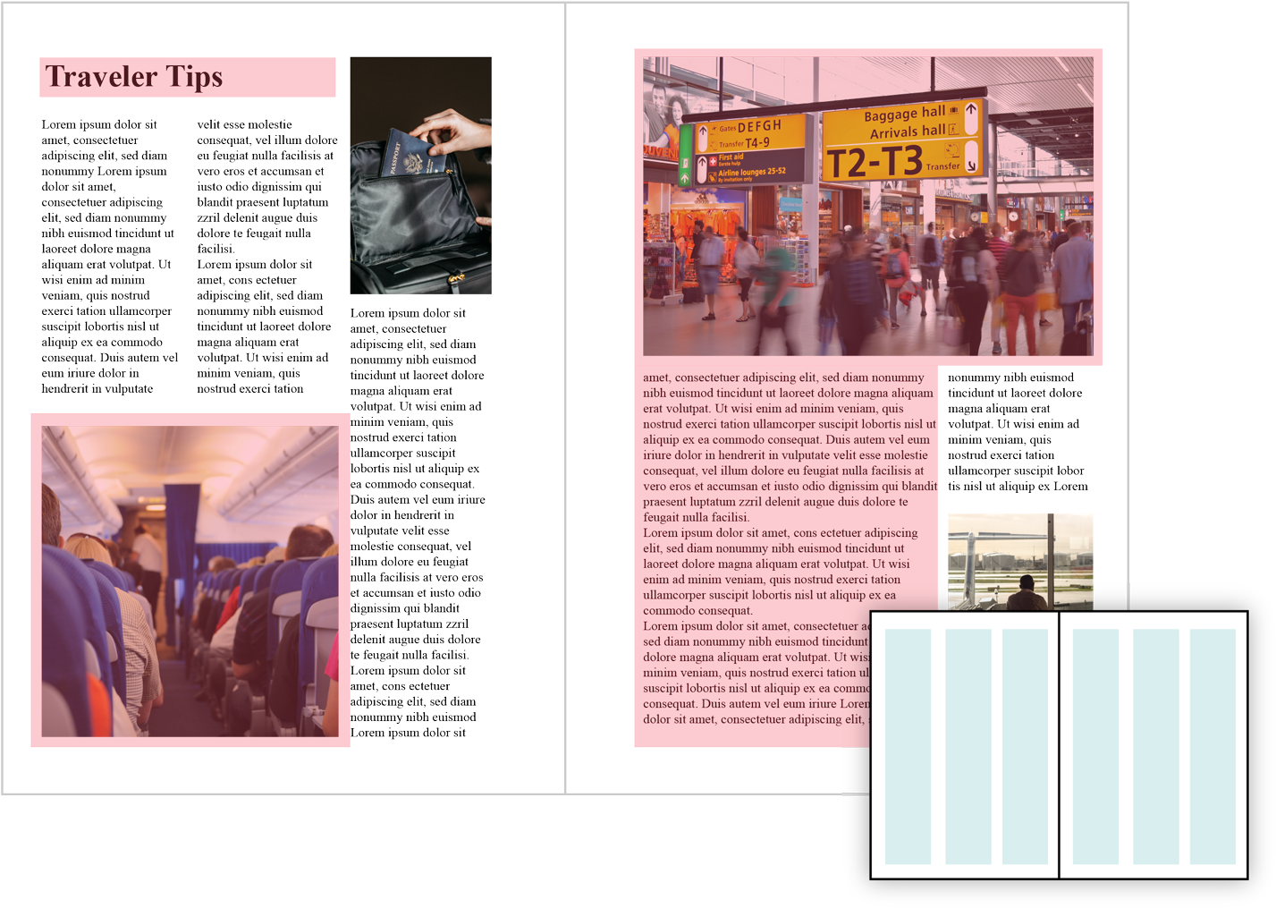 旅行雜誌版面：旅客貼士 壁紙 — 機場場景的拼貼畫，包括坐在座位區的旅客以及指示前往行李大廳和登機口的頭頂標誌。