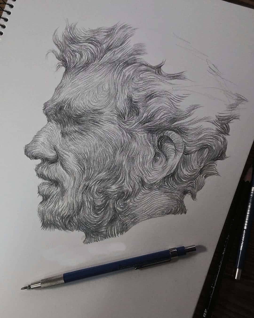 素描簿上一個男人臉部的鉛筆畫，頭髮和鬍鬚狂野。