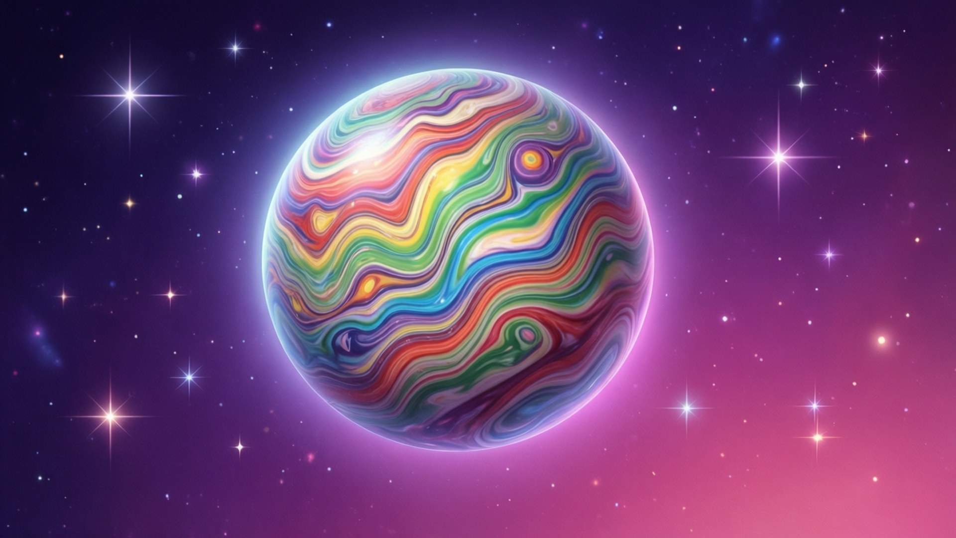 一顆色彩繽紛的漩渦行星漂浮在佈滿星星的紫色和粉紅色星系中。