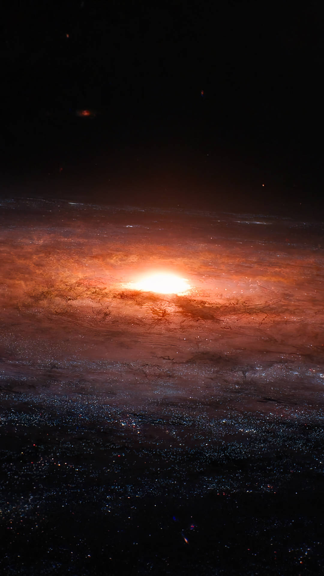 發光的星系核心在黑暗宇宙中散發出熾熱的橙色光芒。