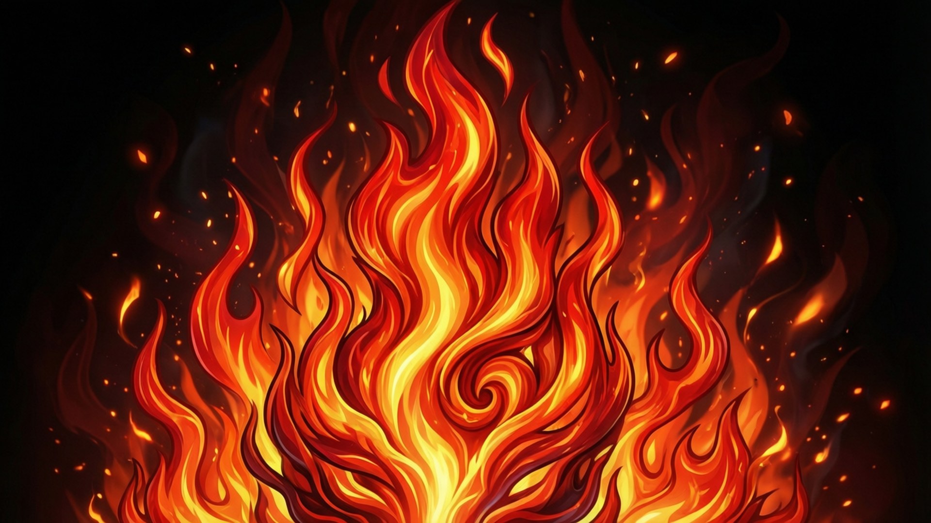 旋轉火焰圖案 壁紙 — 鮮豔的風格化火焰在深色背景上以橙色、黃色和紅色的漩渦向上湧起，帶有發光的餘燼。