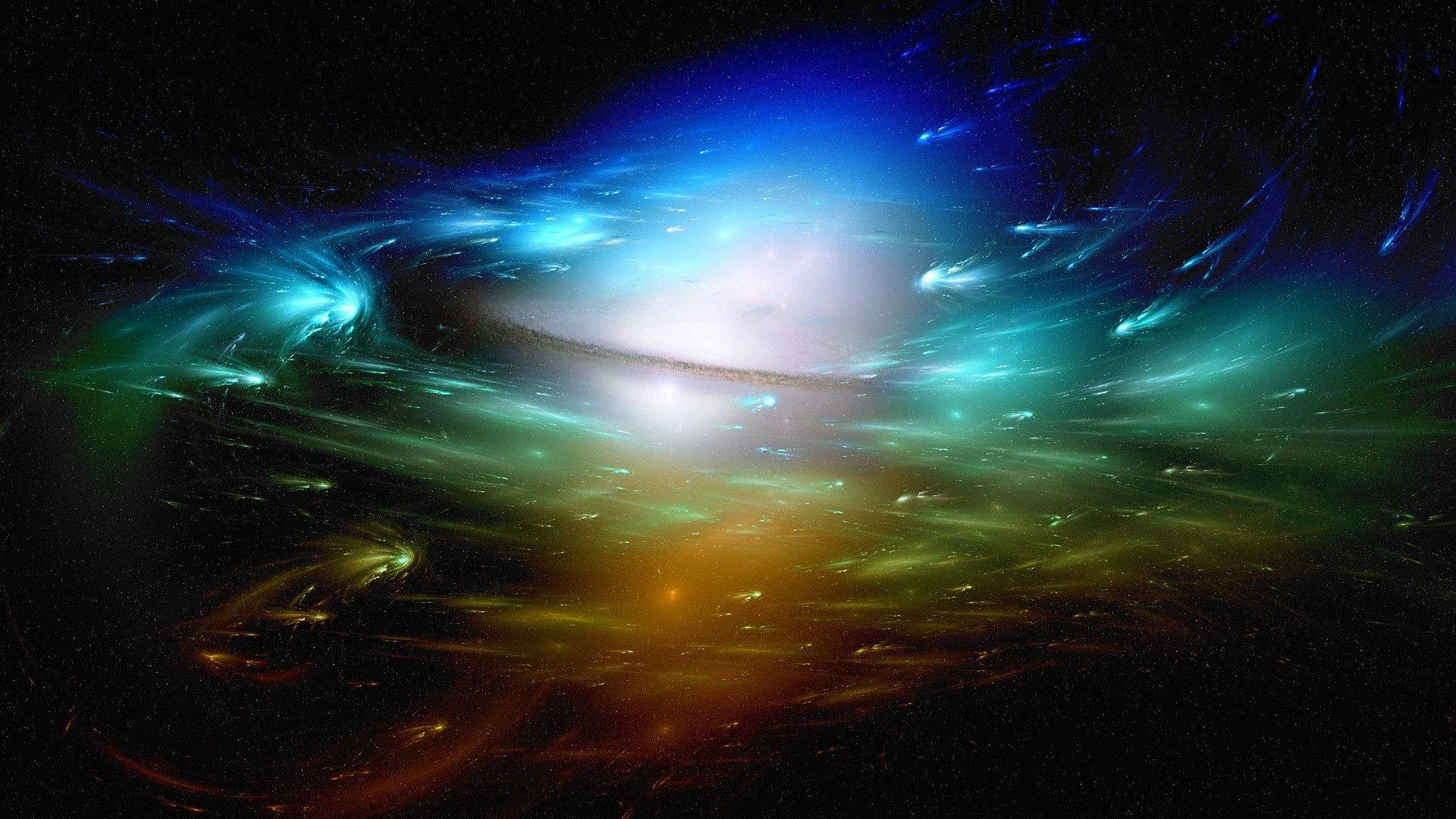 在深空中帶有旋轉的藍色、綠色和橙色雲朵的鮮豔宇宙星雲。