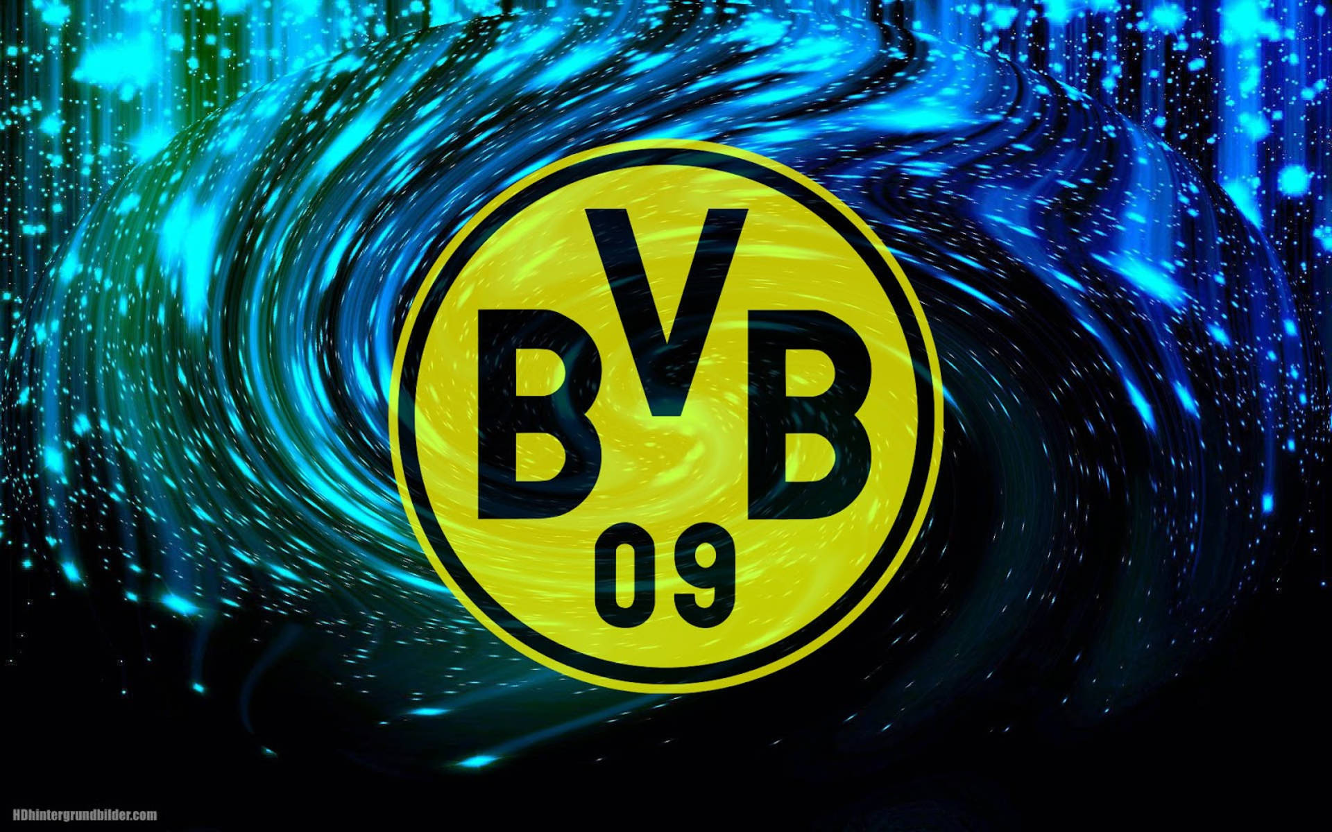 旋轉藍色多特蒙德 壁紙 — BVB 09 標誌居中於旋轉的宇宙藍色和黑色背景中，帶有發光粒子。