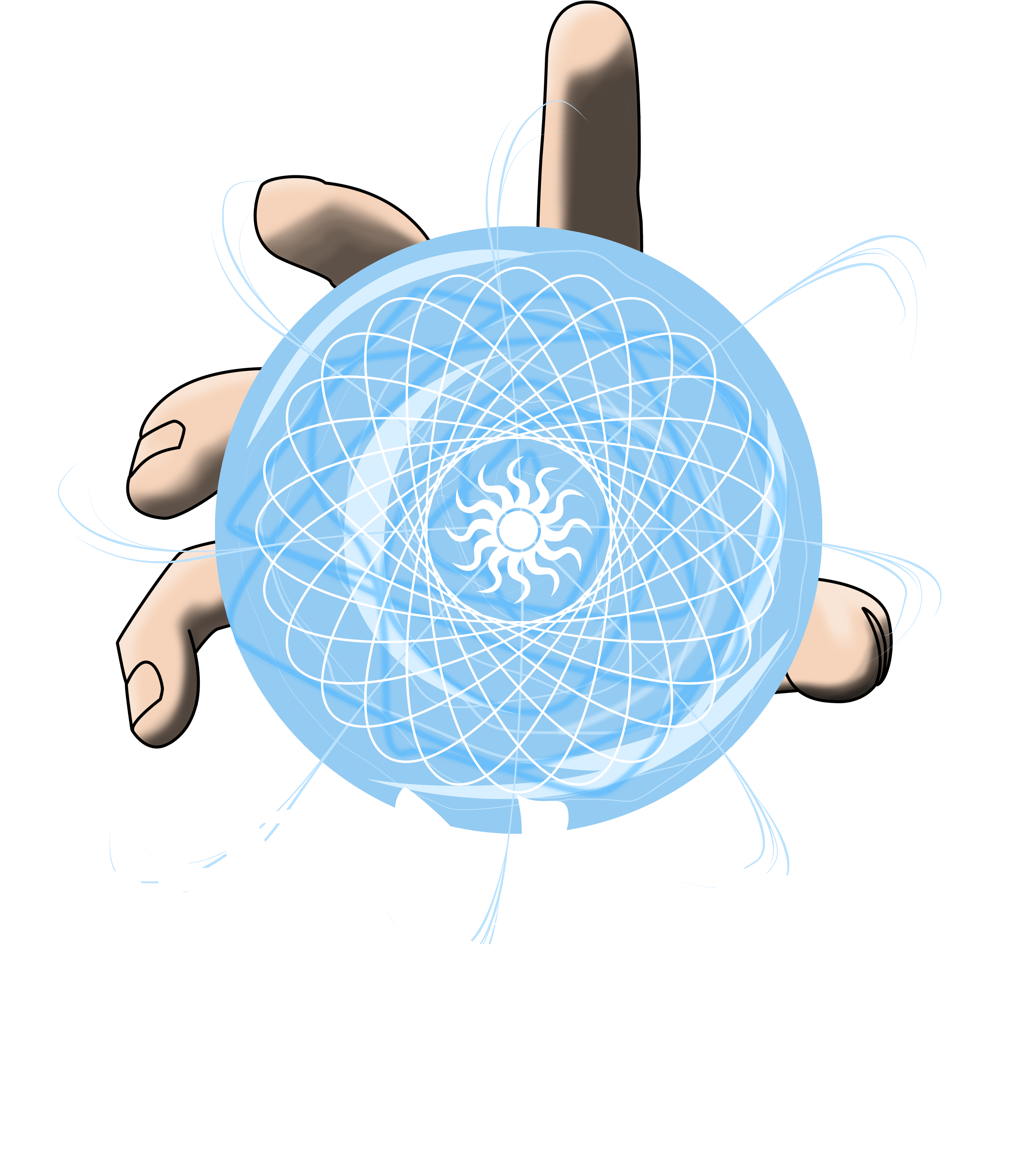旋轉螺旋丸手勢 壁紙 — 一隻手抓住一個發光的藍色球體，帶有複雜的白色螺旋圖案和太陽光中心，背景為黑色。