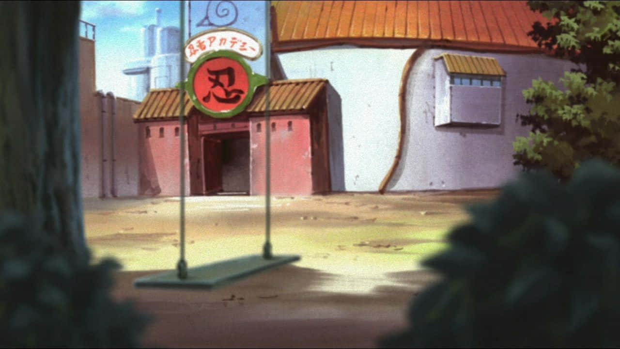 旋轉飛躍！鳴人全力一擊 壁紙 — 一個陽光明媚的動漫街景， featuring 一間拉麵店，招牌是紅底黑字漢字。