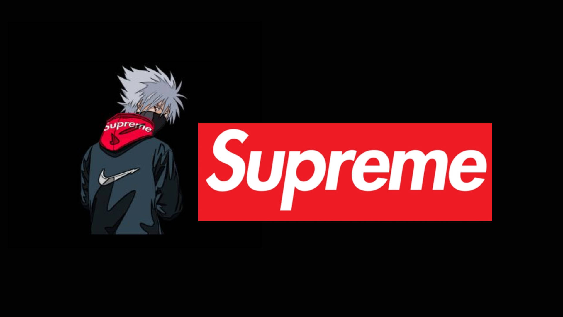 身穿Supreme連帽衫的動漫角色站在黑色背景的Supreme標誌旁邊。