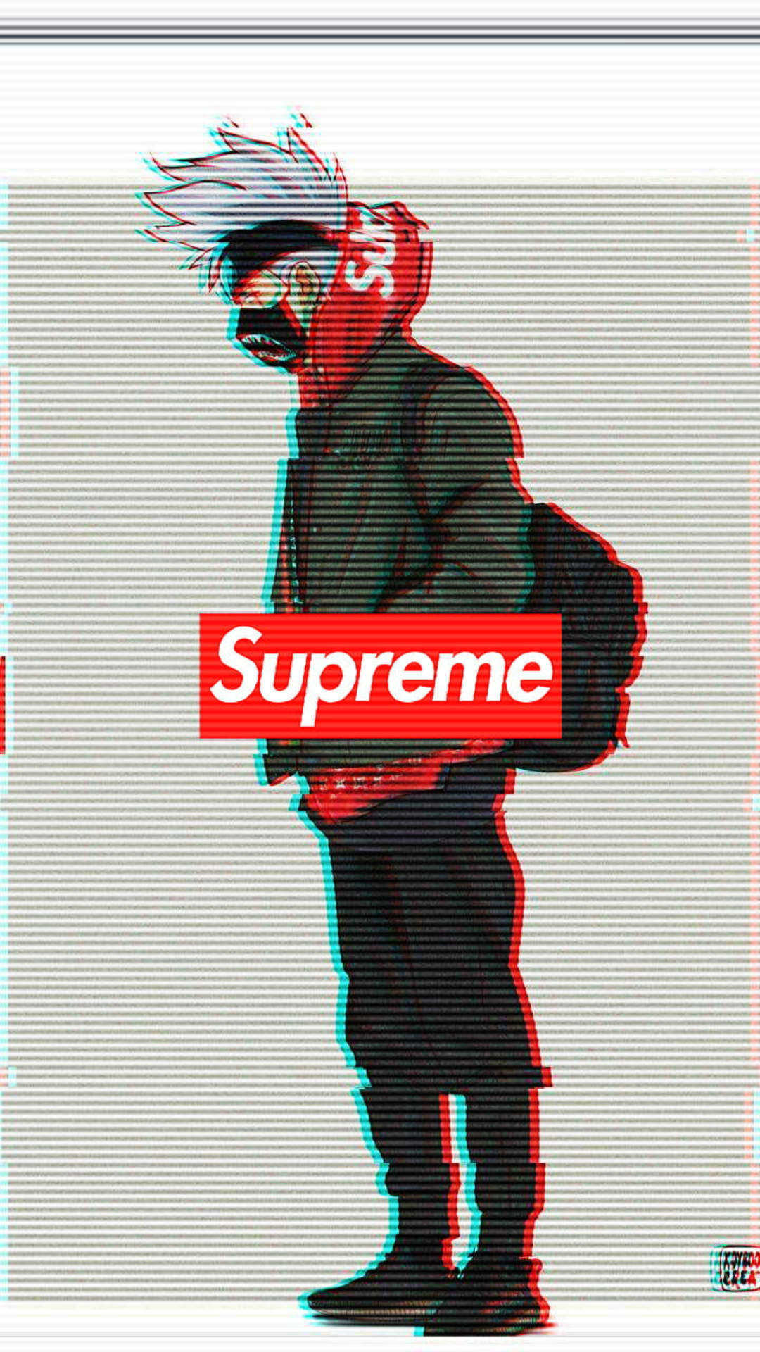 旗木卡卡西 Supreme 錯誤特效 壁紙 — 一個穿著Supreme連帽衫的故障藝術風格人物，站在帶有色彩像差效果的條紋背景前。
