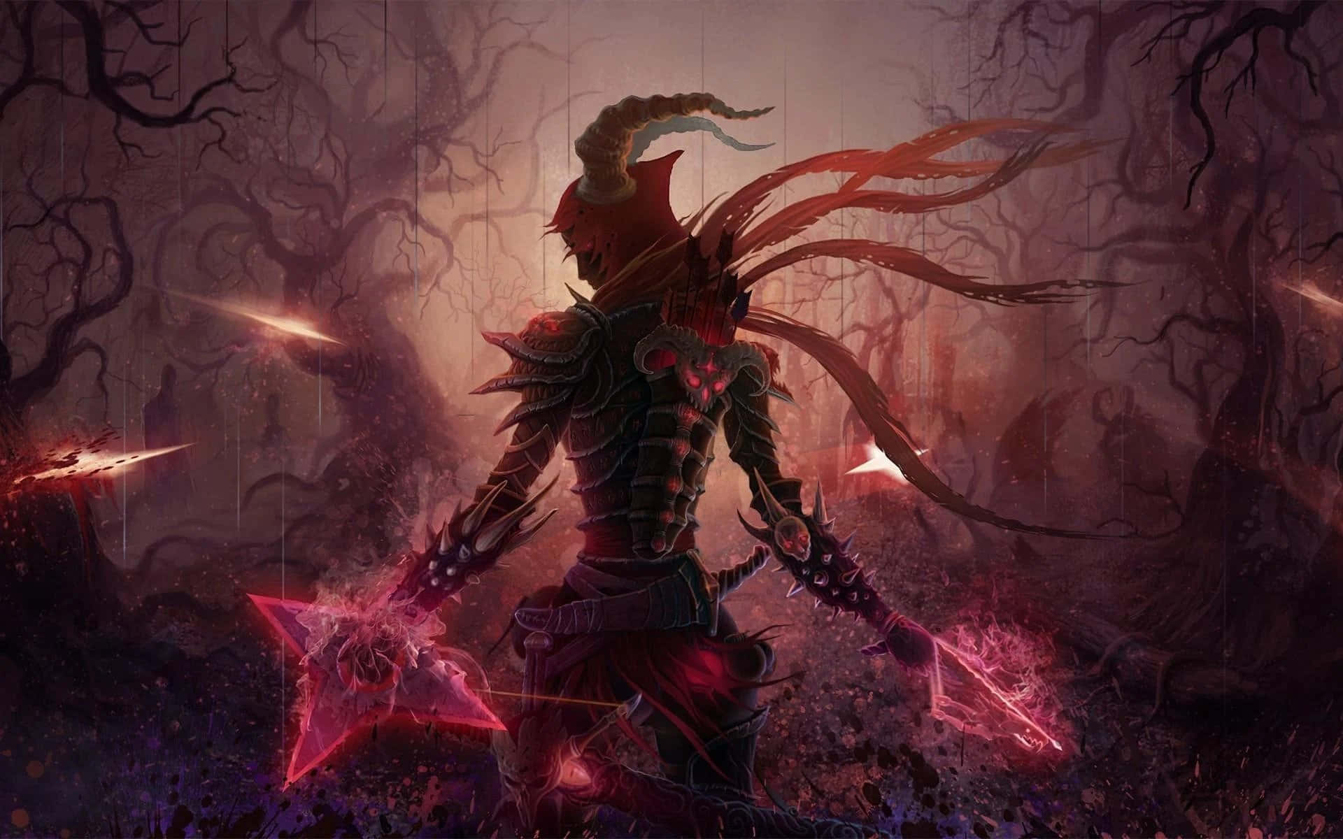 在暴風雨黑暗森林中手持發光武器的惡魔戰士。