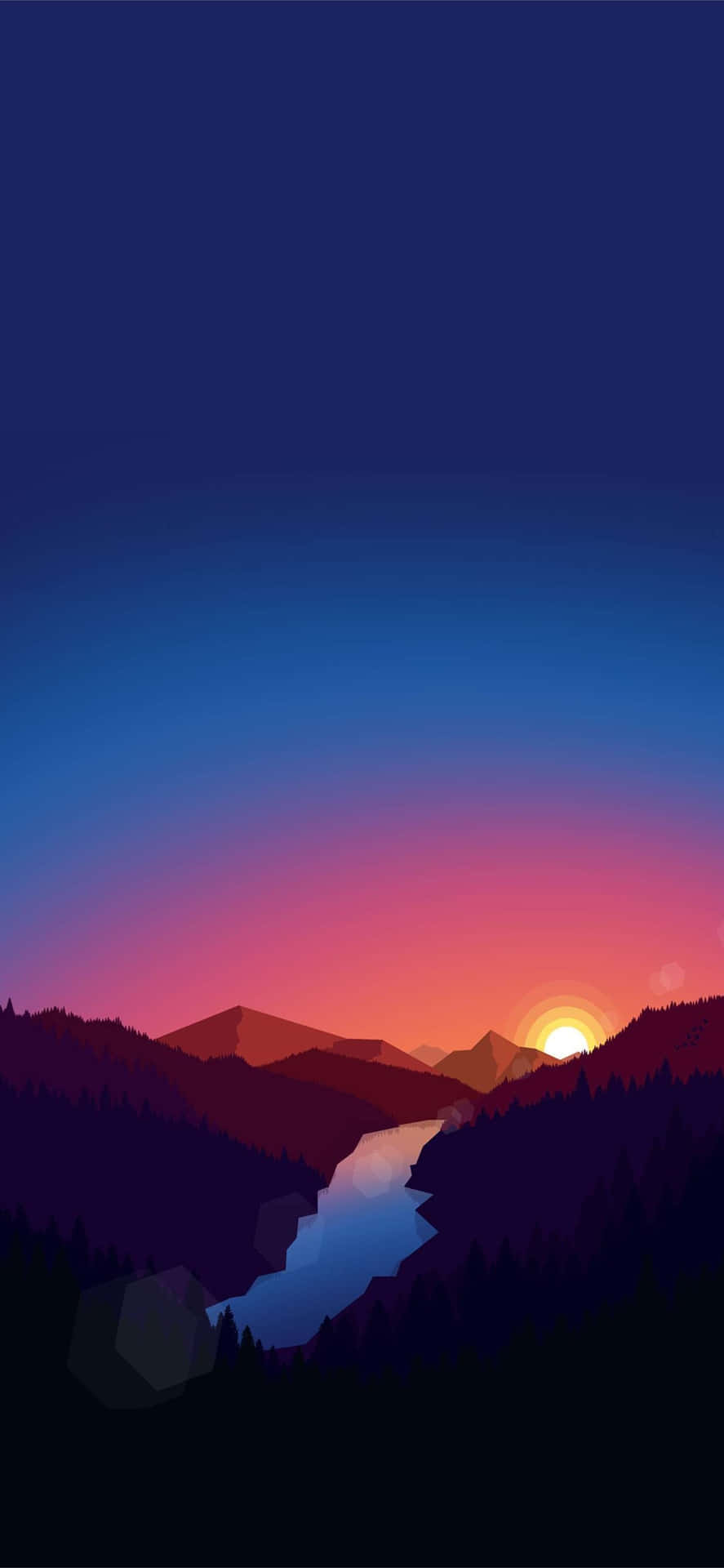 日落映照山脈，蜿蜒的河流反射天空