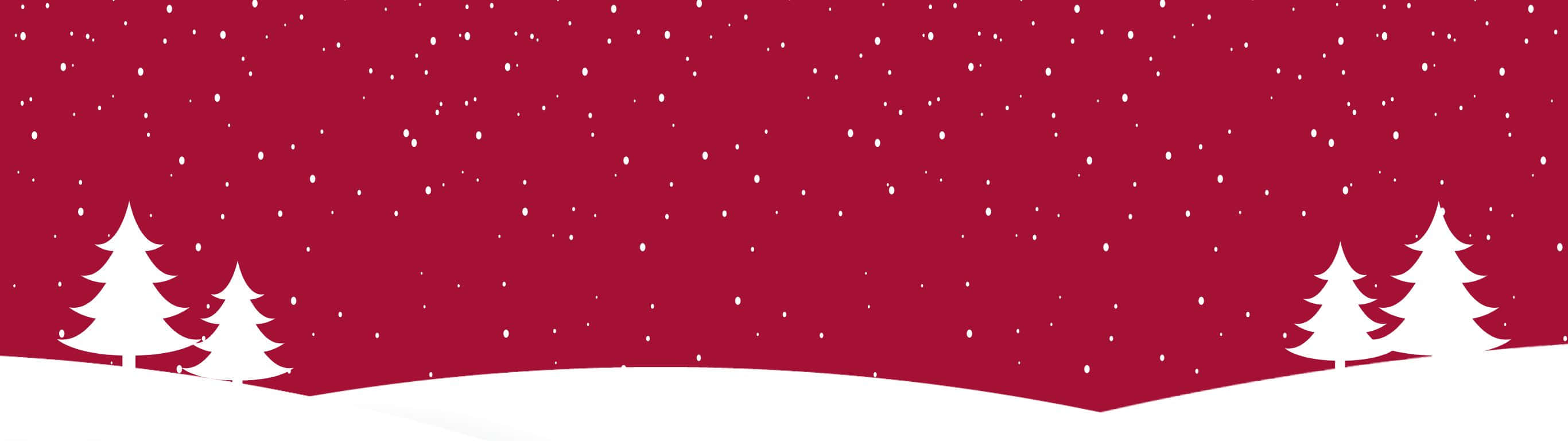 冬日景色，松樹和雪地襯托著紅色天空