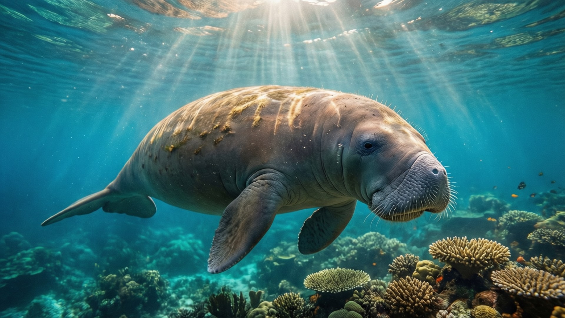日出時的海中海牛 壁紙 — 一隻海牛在陽光照射的碧綠海水上優雅地滑行，下方是色彩繽紛的珊瑚礁。