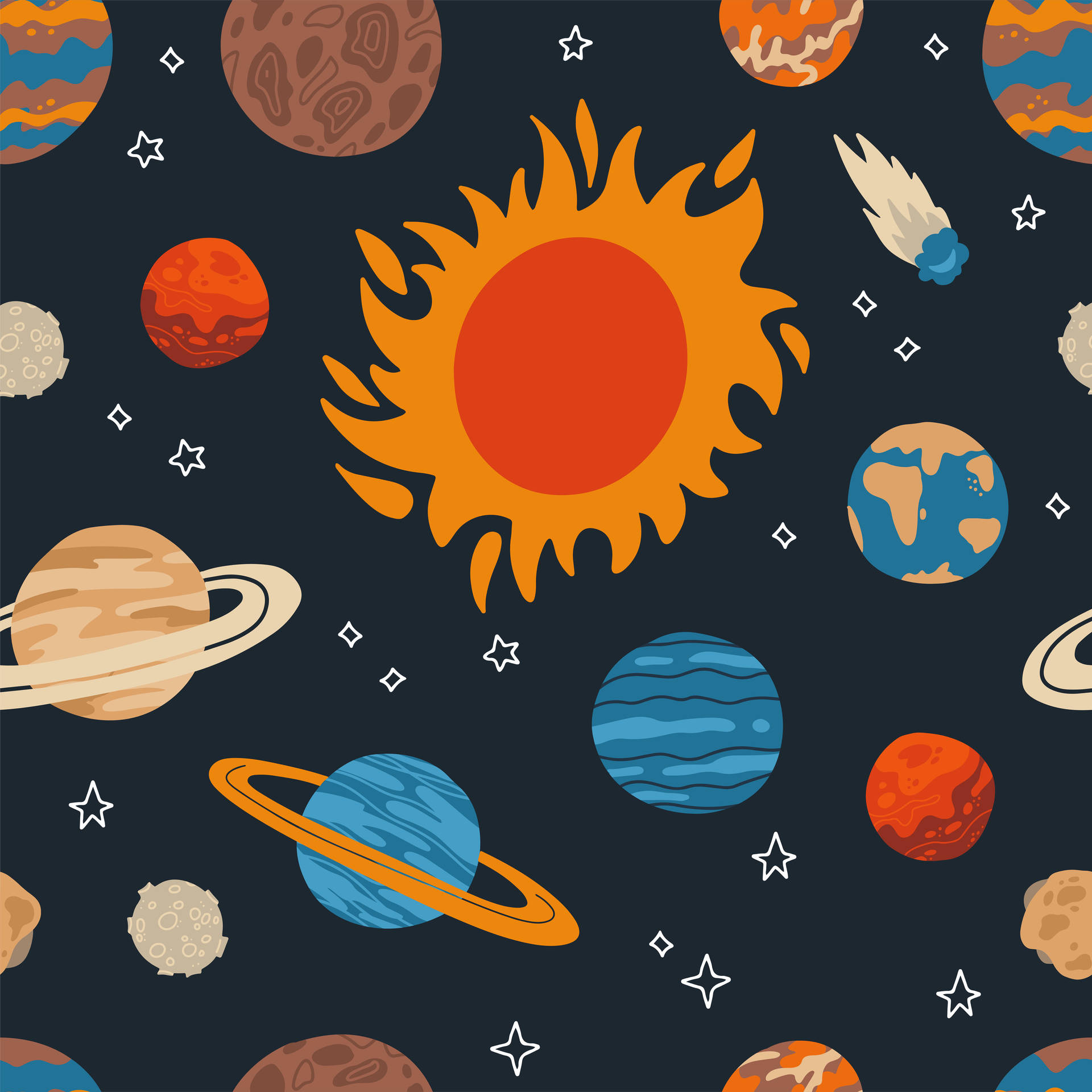 卡通太陽系，包含太陽、行星、星星和彗星