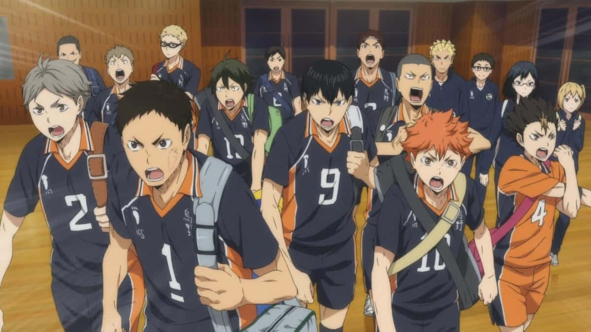 動漫排球隊在體育館中以強烈的表情向前衝。