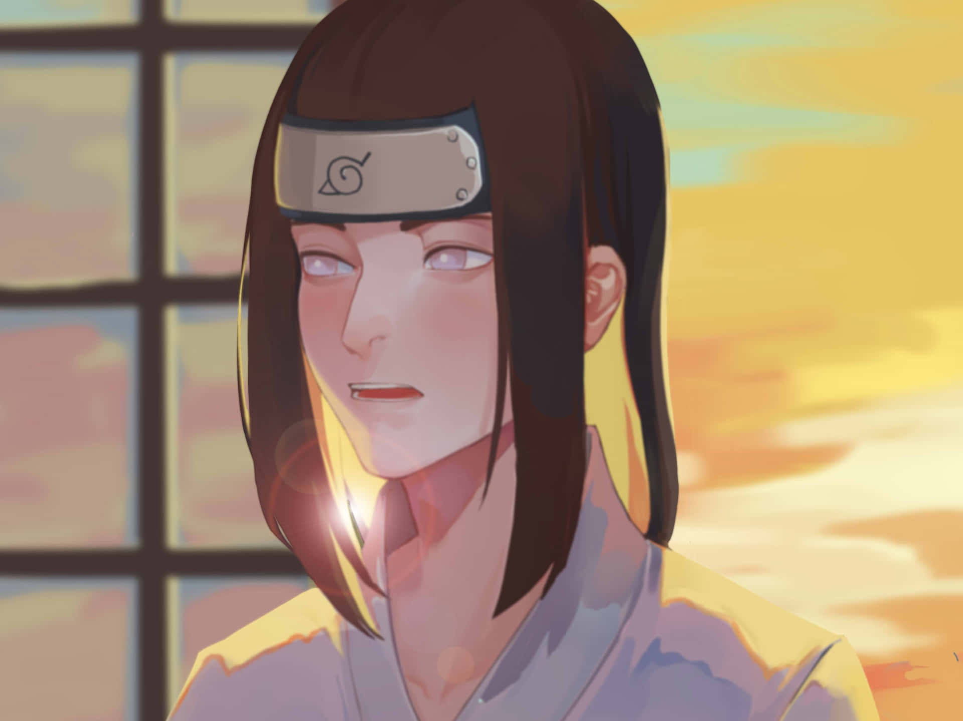 戴頭帶的動漫女孩在夕陽下望向窗外。