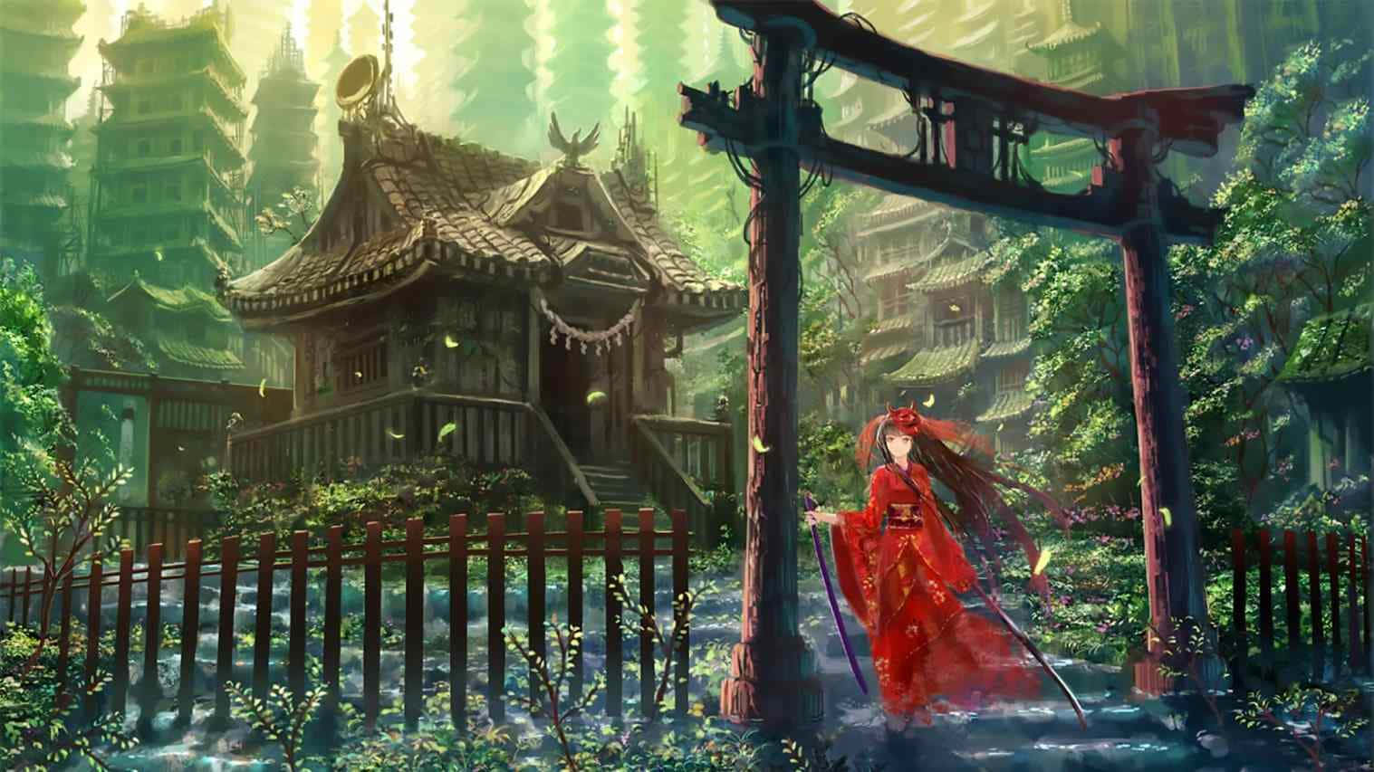 動漫女孩穿著紅色和服站在森林神社門口。