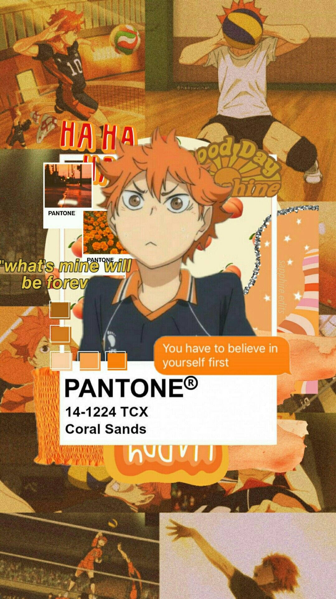 日向翔陽 Pantone 珊瑚沙色 壁紙 — 一幅充滿活力的動漫拼貼畫，以紅髮排球運動員為中心，配有 Pantone 色票和勵志名言。