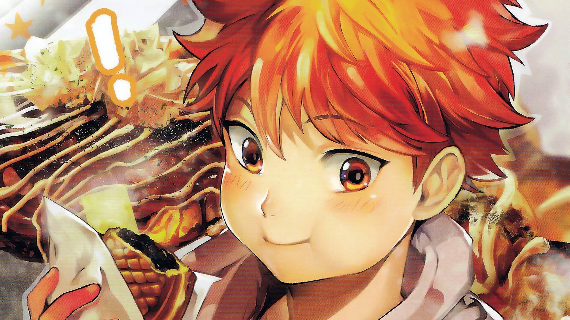 日向翔陽吃 taiyaki 數位藝術 壁紙 — 一個開心的動畫男孩，有著火紅色的頭髮，微笑著拿著一個淋上糖漿和奶油的窩夫。