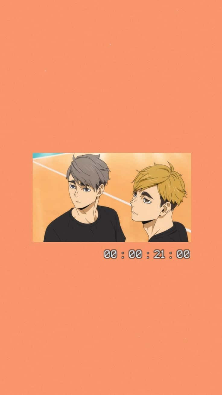 兩個穿著黑色襯衫的動漫男孩在排球場上互相凝視，下方有一個計時器。