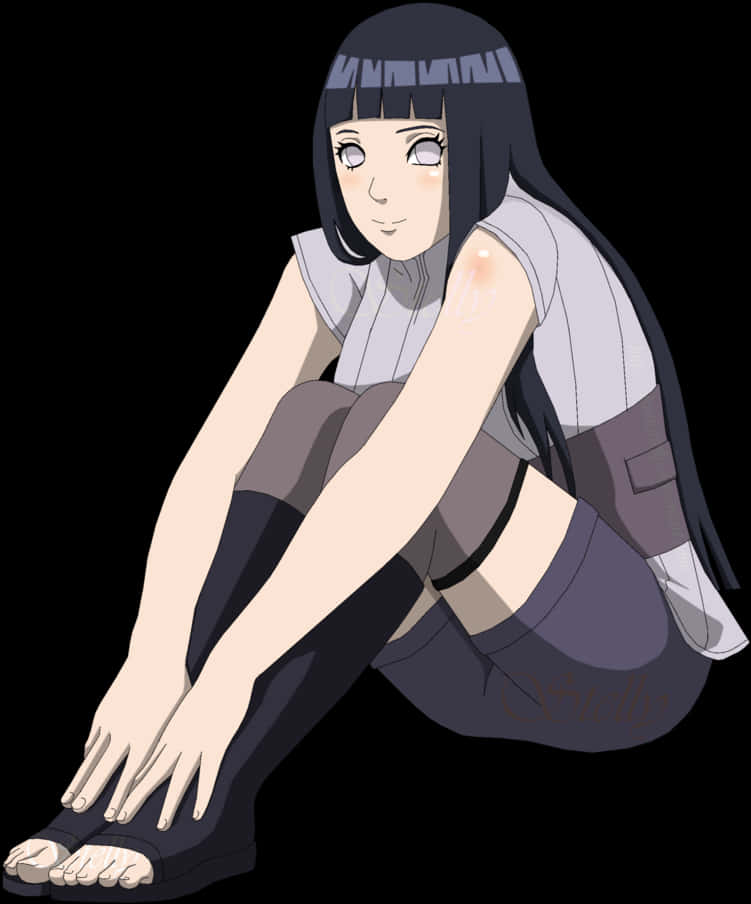 日向雛田 坐姿动漫角色 壁紙 — 動漫女孩，長長的黑髮，戴著頭帶，赤腳坐在黑色背景前，穿著忍者裝備。