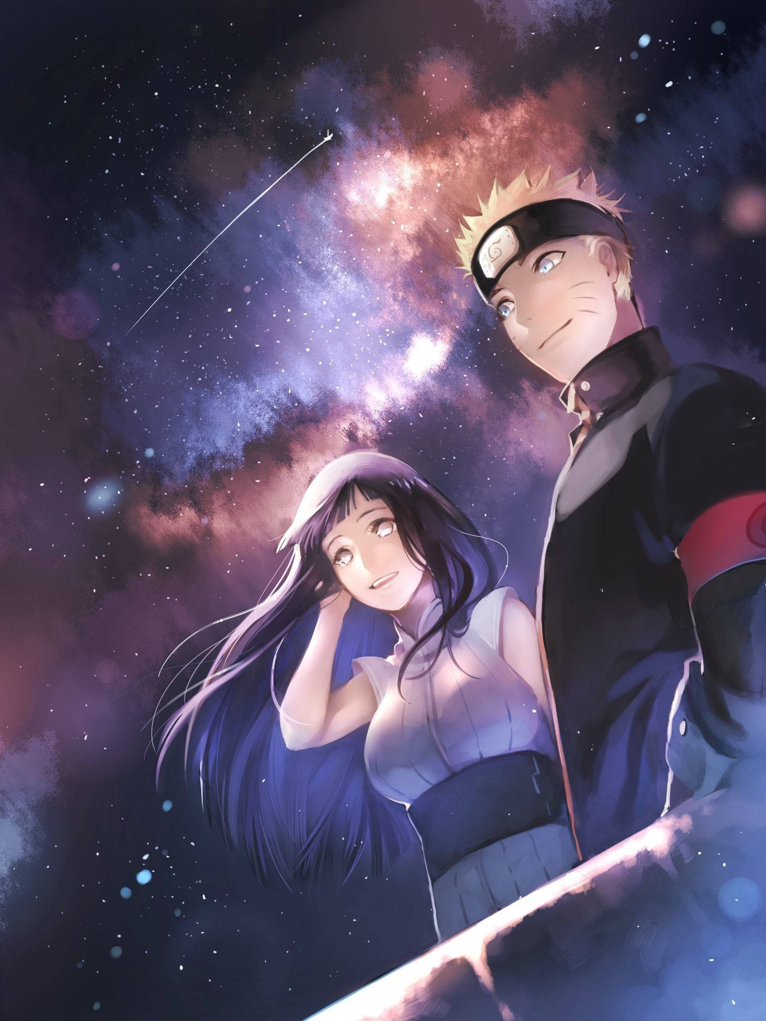 日向雛田——火之意志 壁紙 — 兩個動漫角色仰望充滿星星和流星嘅鮮豔宇宙星雲。