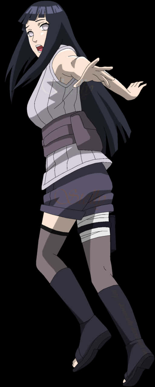 穿著灰色和紫色服裝的動漫忍者女孩擺出動作姿勢。 — 日向雛田 壁紙